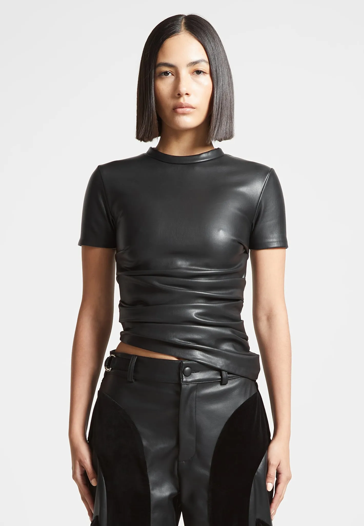 Leather Ruched T-Shirt - Black QuickDry Simple Fit