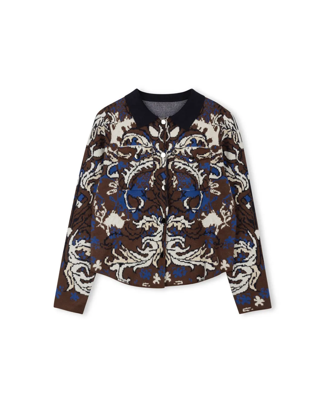 Drop Tail Hem Expandable Side Gussets Printed Collared Knit Jacket