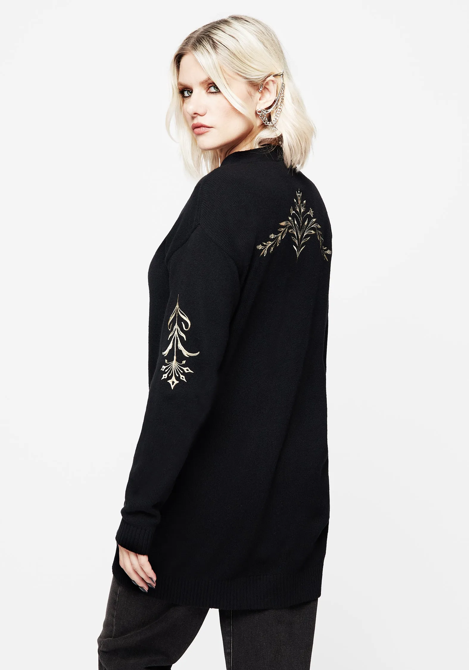 Contrast Topstitching Detail Ribbed Trim Hester Embroidered Knit Longline Cardigan