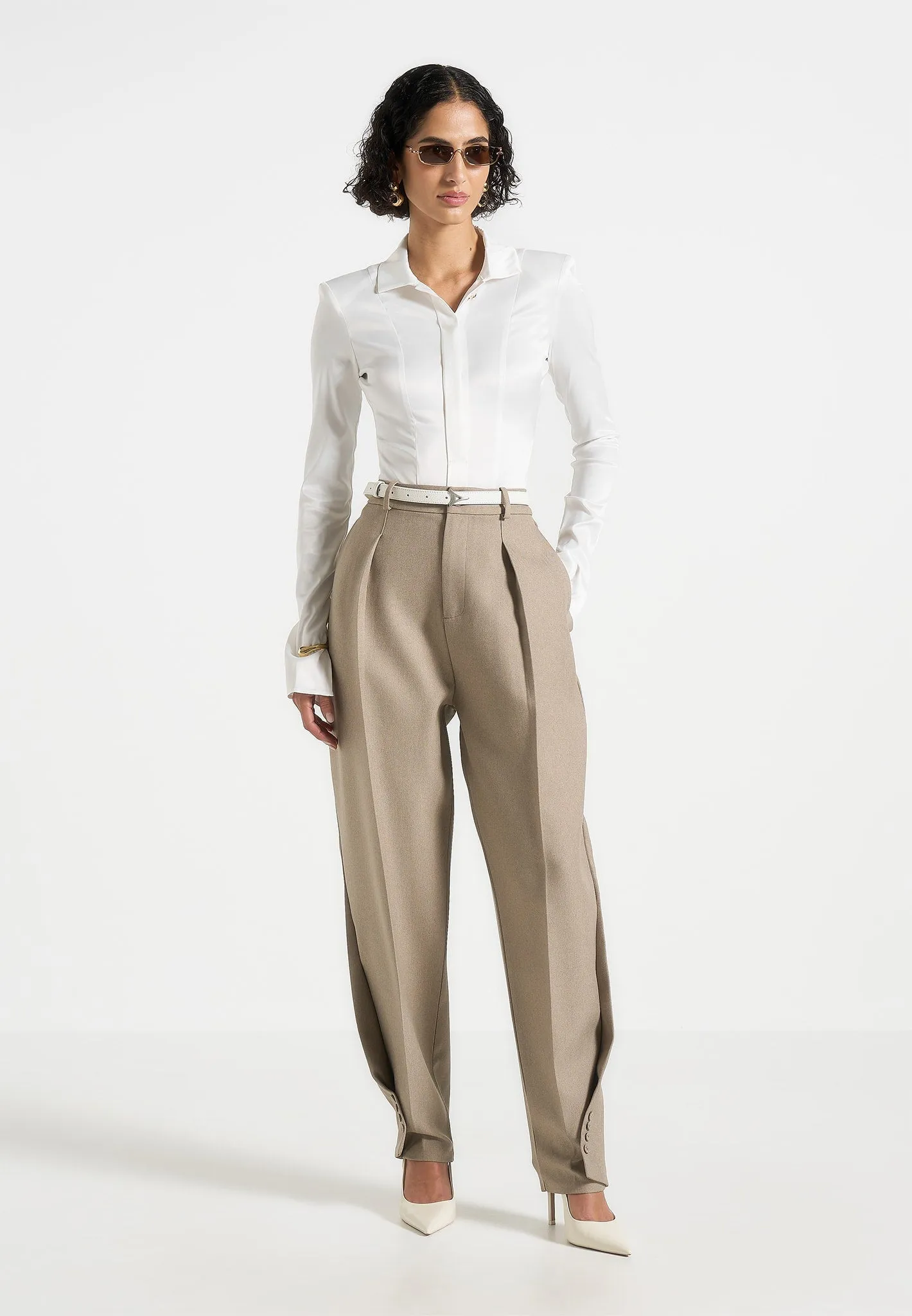 Louise - Wide Shoulder Satin Shirt Bodysuit - Off White Sophisticated Casual Colorfast Material