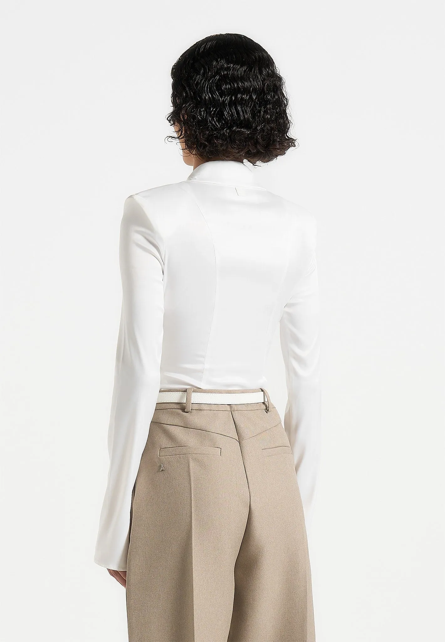 Louise - Wide Shoulder Satin Shirt Bodysuit - Off White Light Design Relaxed Comfort Look