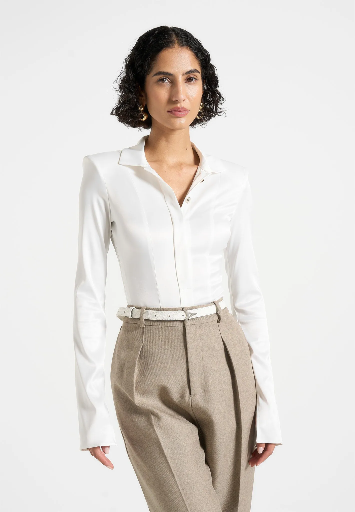 Set In Sleeve Classic Style Louise - Wide Shoulder Satin Shirt Bodysuit - Off White