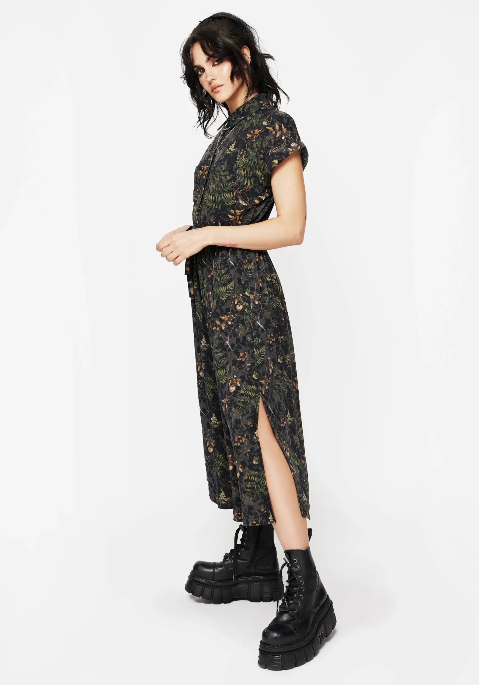 Versatile Style Fashion Layer Wither Fern Print Midi Shirt Dress
