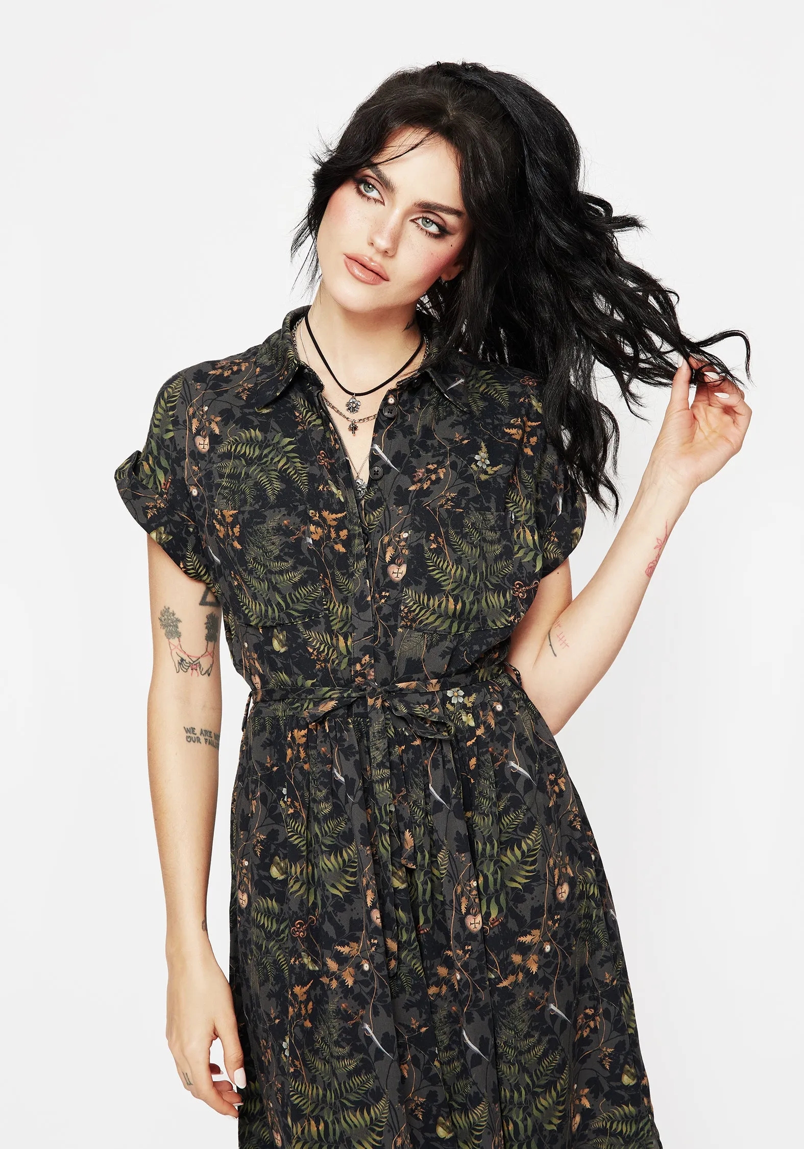 Wither Fern Print Midi Shirt Dress Versatile sundress All-Season Comfort