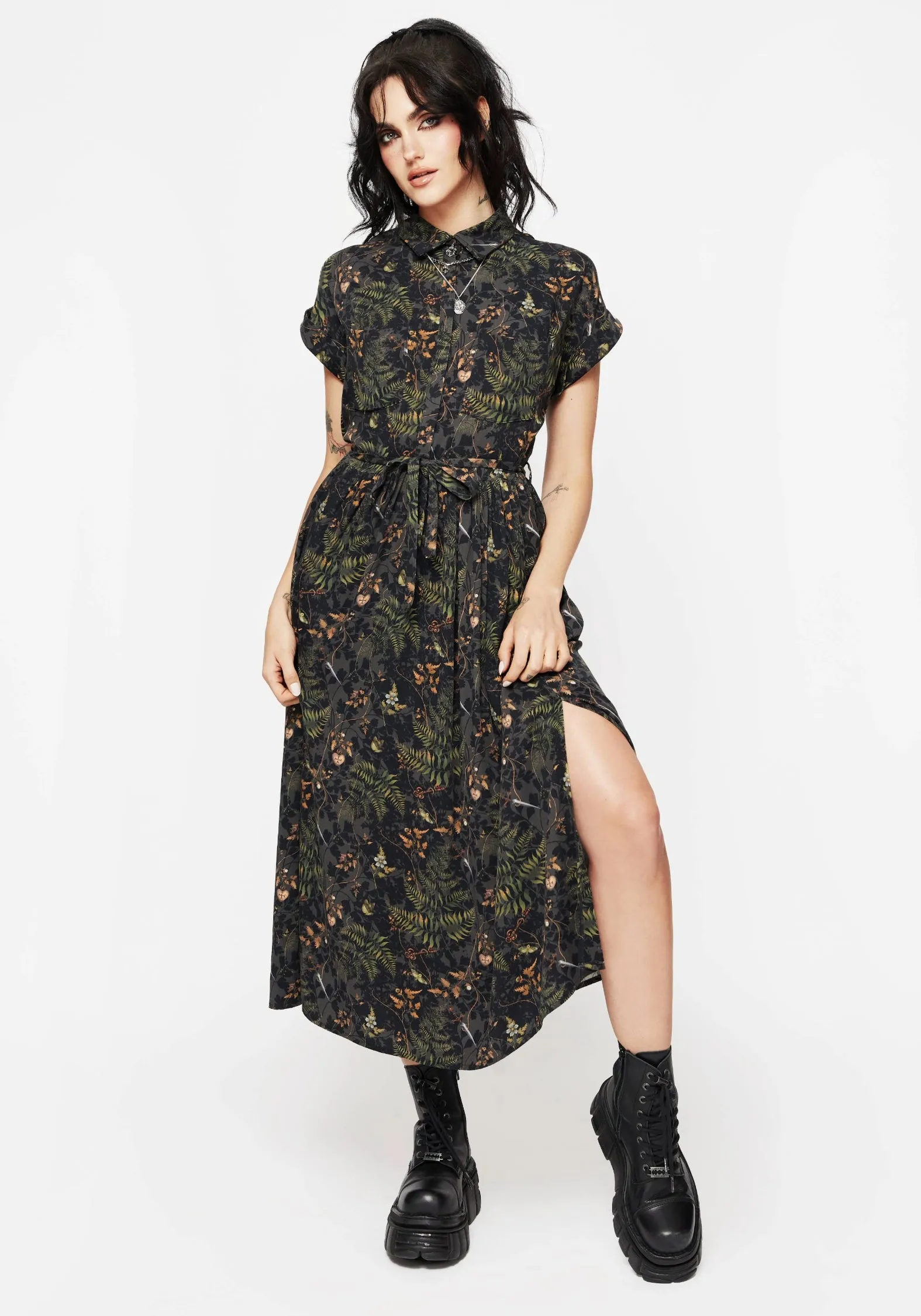 Wither Fern Print Midi Shirt Dress Chic and Elegant Timeless elegance
