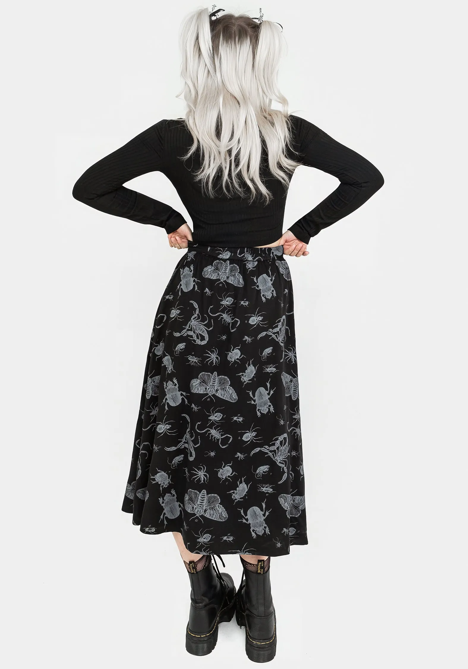 Parasite Bugs Button Front Midi Skirt - Black Fitted Cut