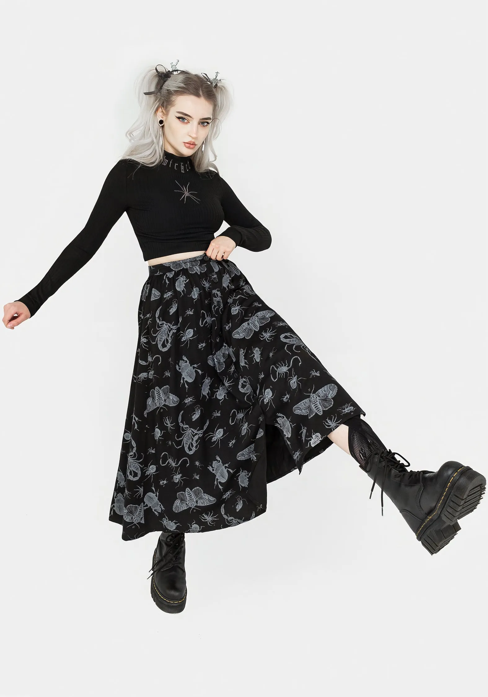 Hand Painted Parasite Bugs Button Front Midi Skirt - Black