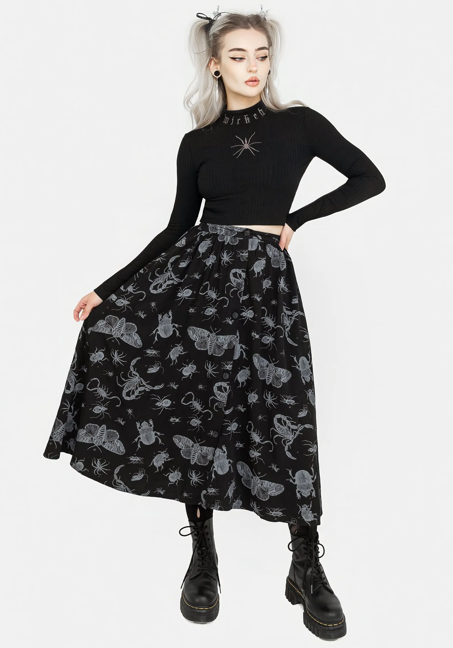 Parasite Bugs Button Front Midi Skirt - Black Elastic hem Slip Resistant Waist