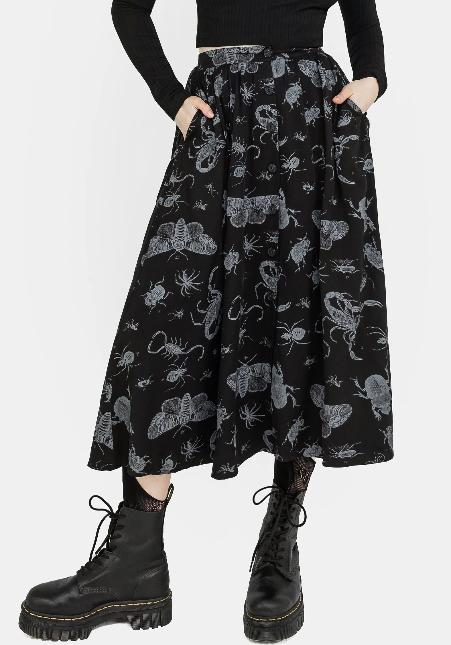 Style Essential Parasite Bugs Button Front Midi Skirt - Black
