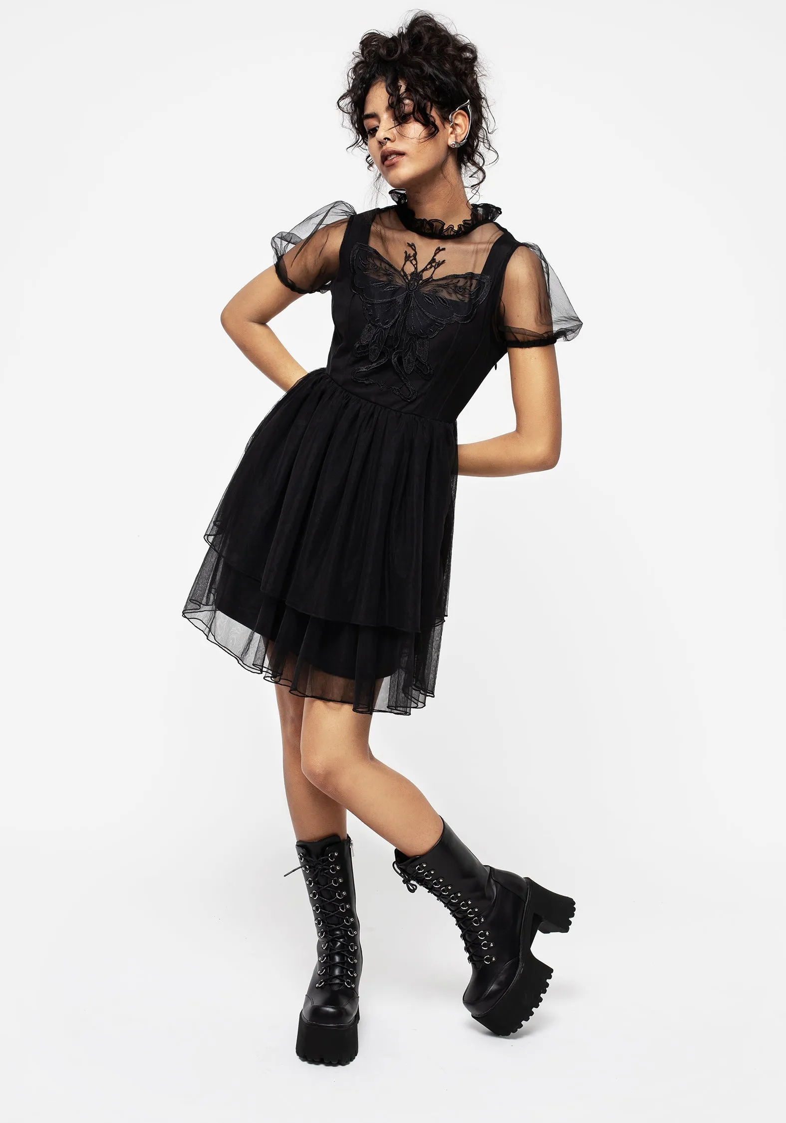 Hysteria Butterfly Applique Frill Neck Tulle Mini Dress Fashionable Wear City Chic
