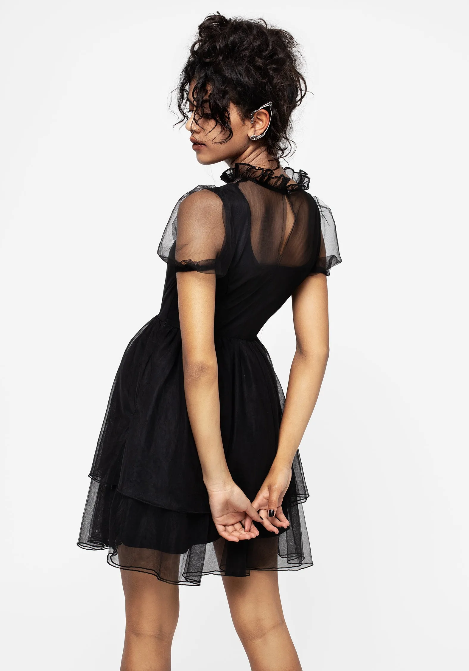Spring-Season Playful and flirty dress Hysteria Butterfly Applique Frill Neck Tulle Mini Dress