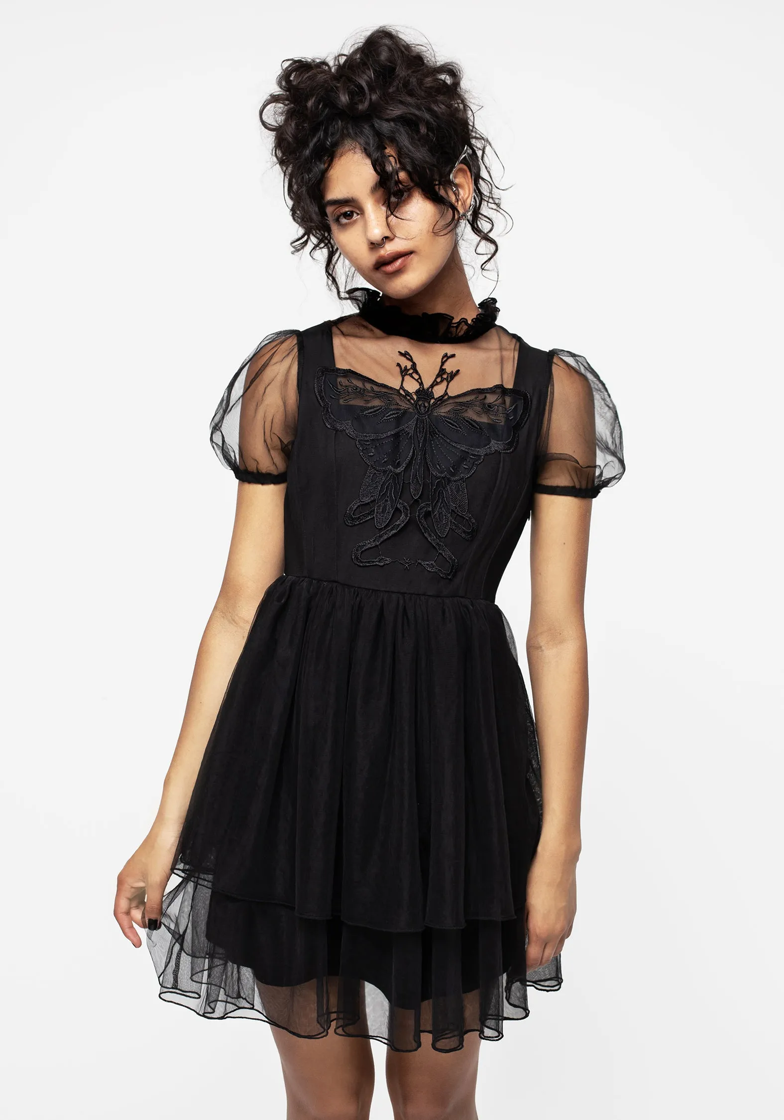 Hysteria Butterfly Applique Frill Neck Tulle Mini Dress Comfort First