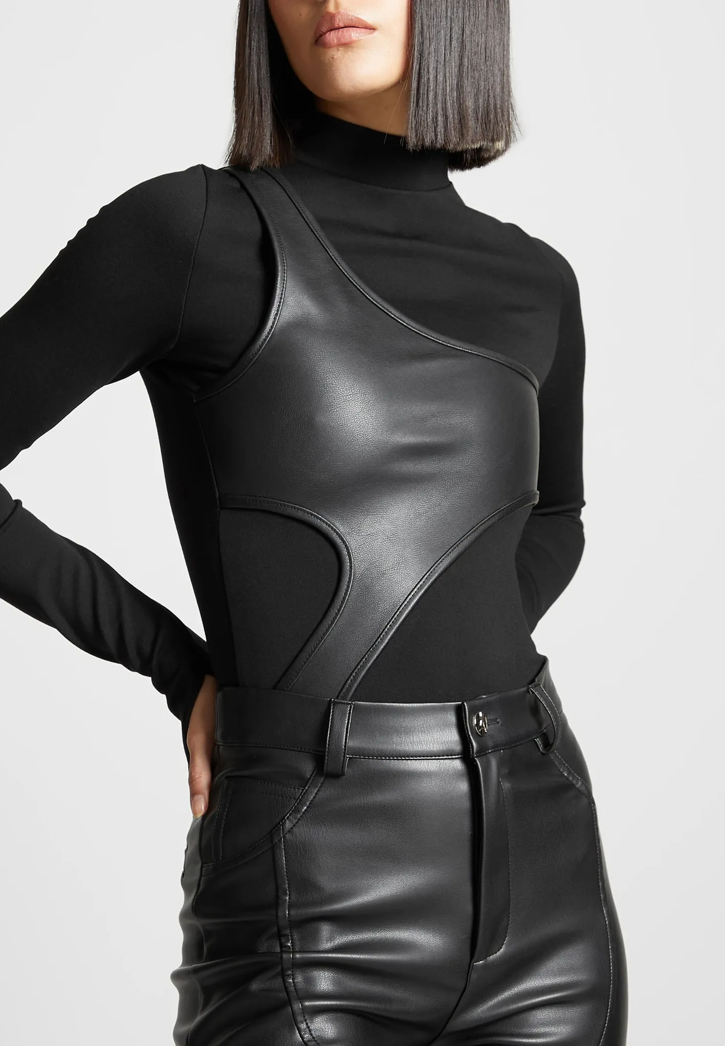 Leather Overlay High Neck Bodysuit - Black Comfort Design Lightweight Shirt