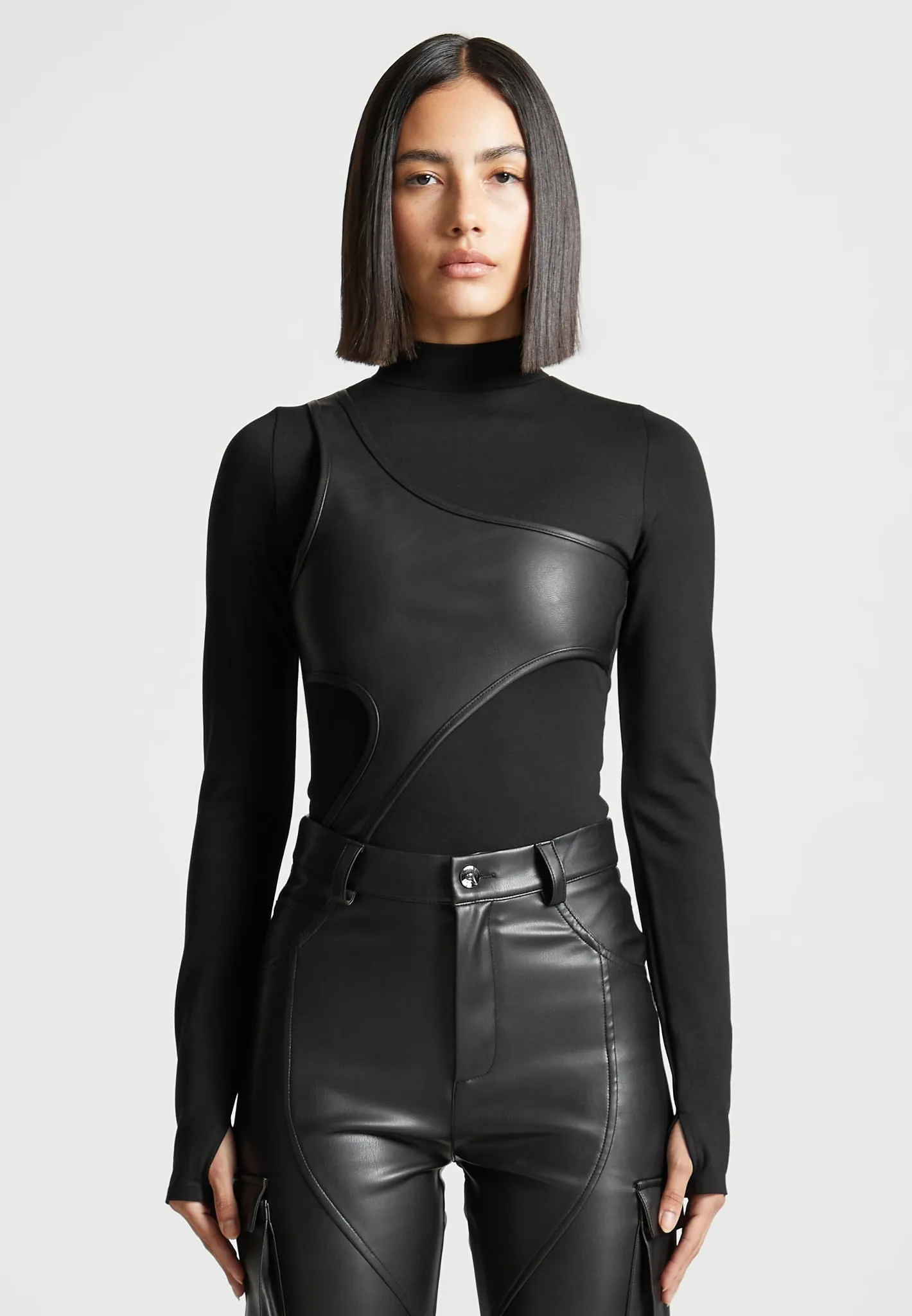 Leather Overlay High Neck Bodysuit - Black Easy Care Material Stylish piece