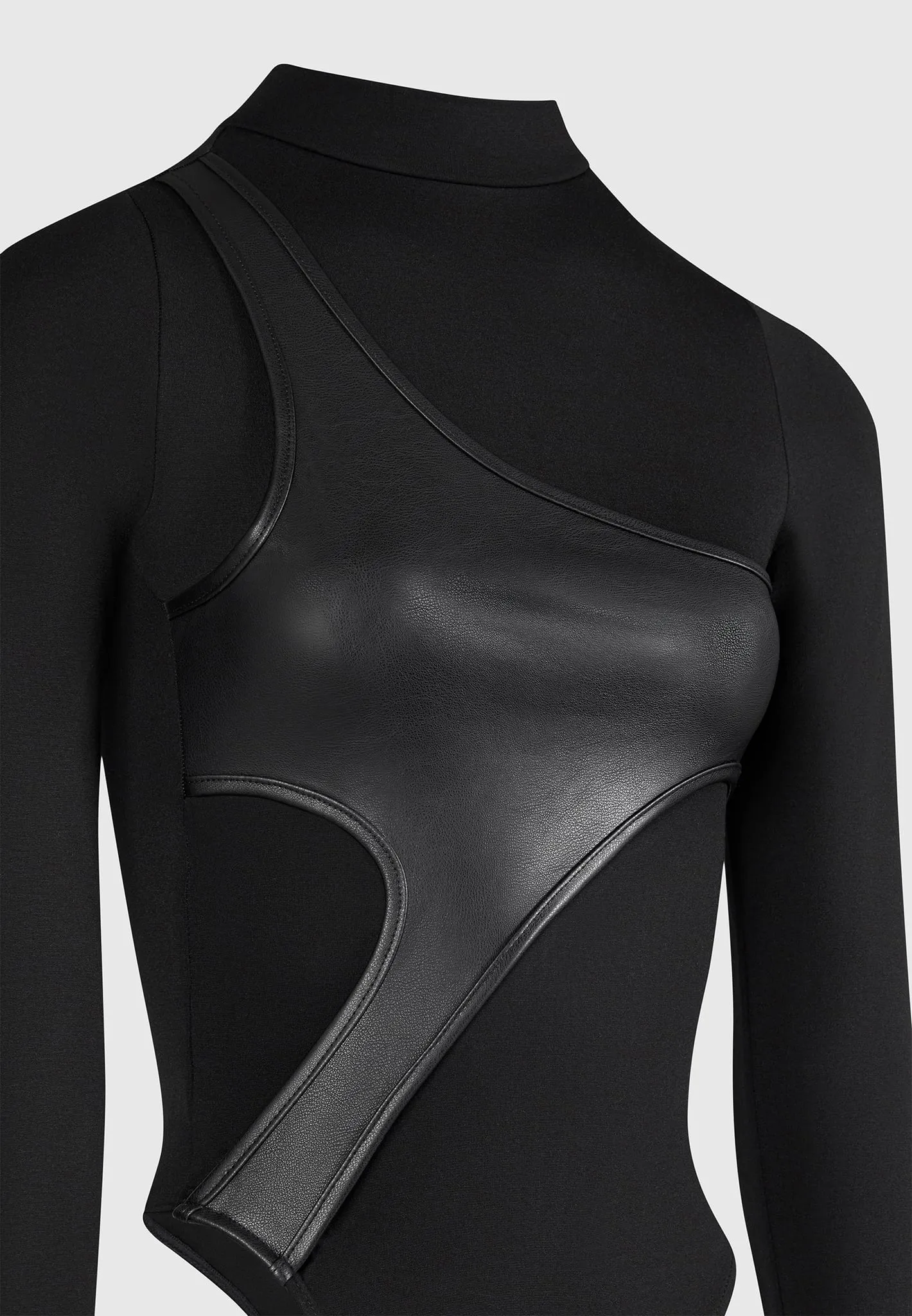 Leather Overlay High Neck Bodysuit - Black Outdoor Trend Look