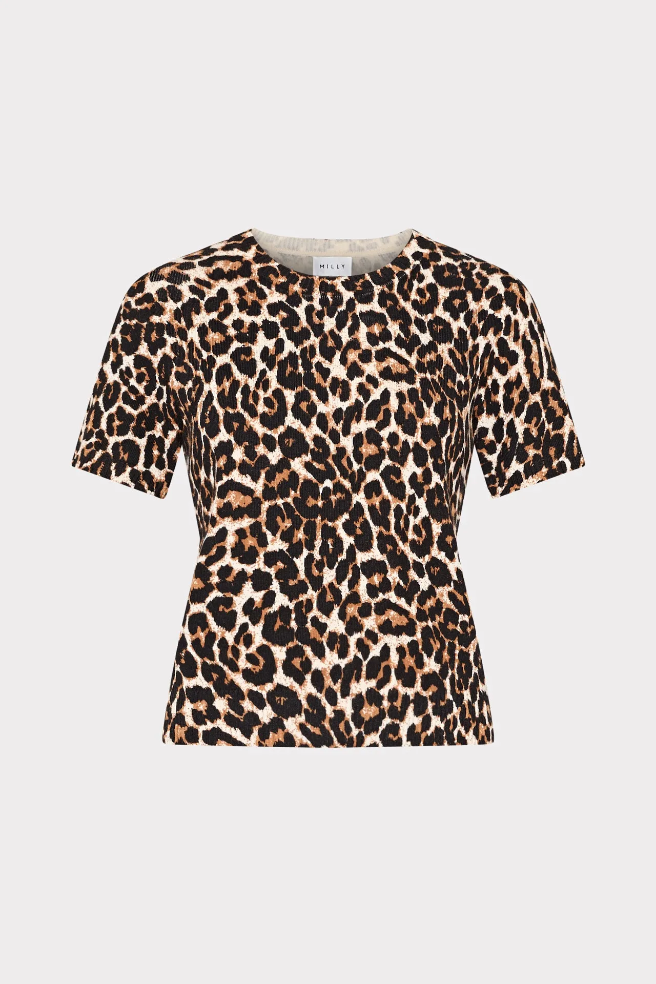 Leopard Print Short Sleeve Knit Top Fashionable Fit Moisture Wicking Fabric