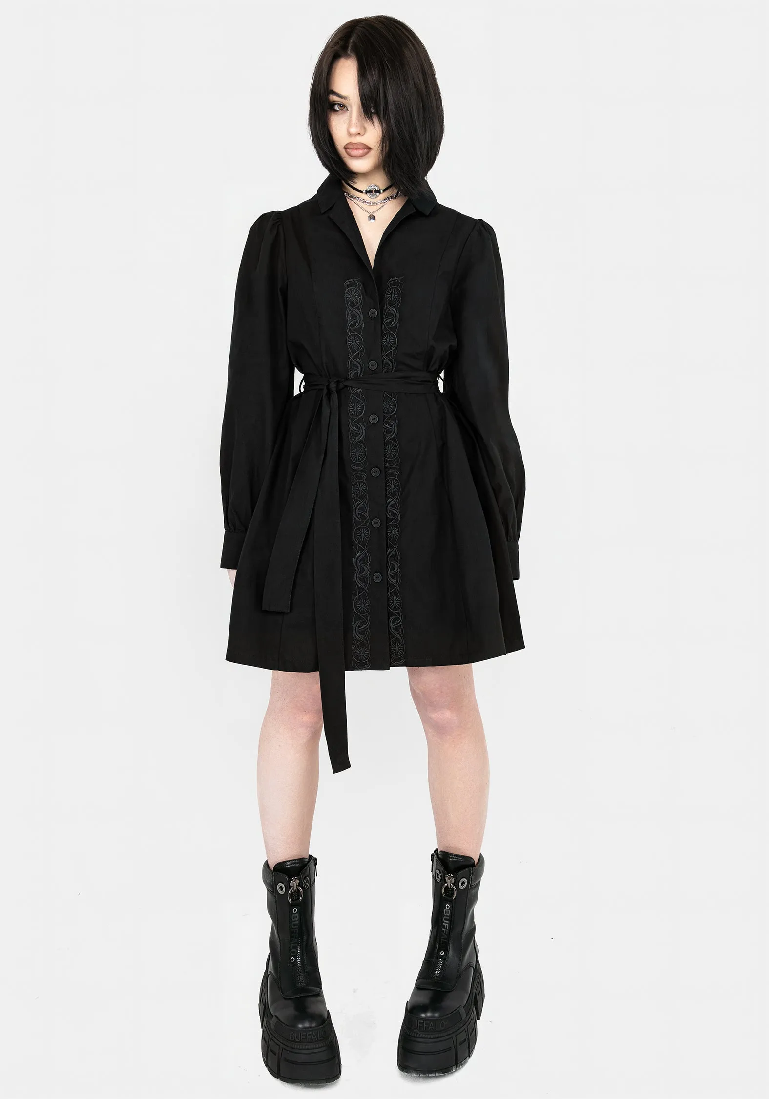 Knot-Detail Mood Focused Letavia Embroidered Mini Shirt Dress
