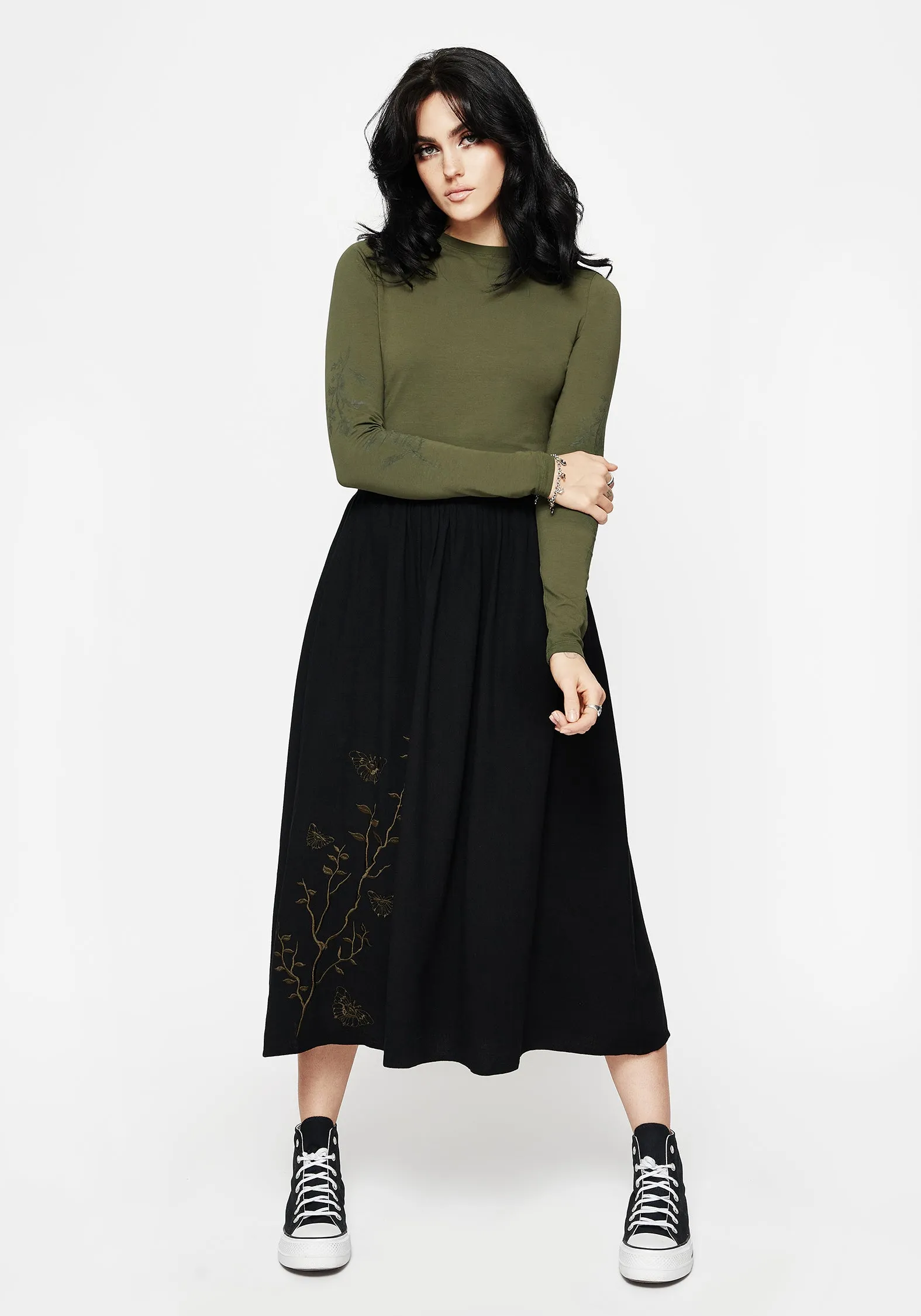 standard fit Compact Jacquard Weave Leune Rose Print Cotton Long Sleeve Top