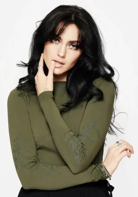 Leune Rose Print Cotton Long Sleeve Top Microfiber Blended Fabric