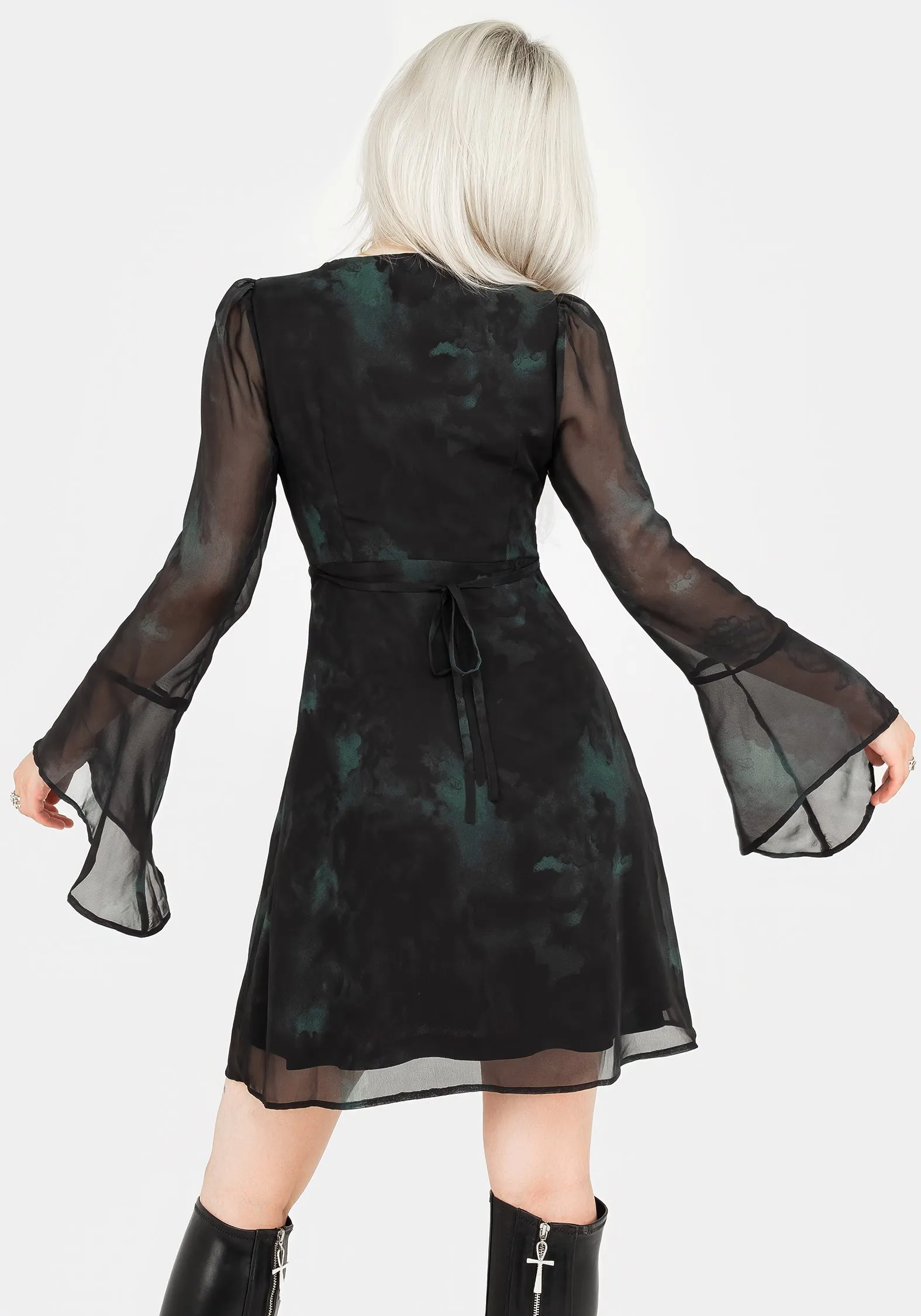 Transitional-Wear Body Fit Lichen Bell Sleeve Chiffon Mini Dress