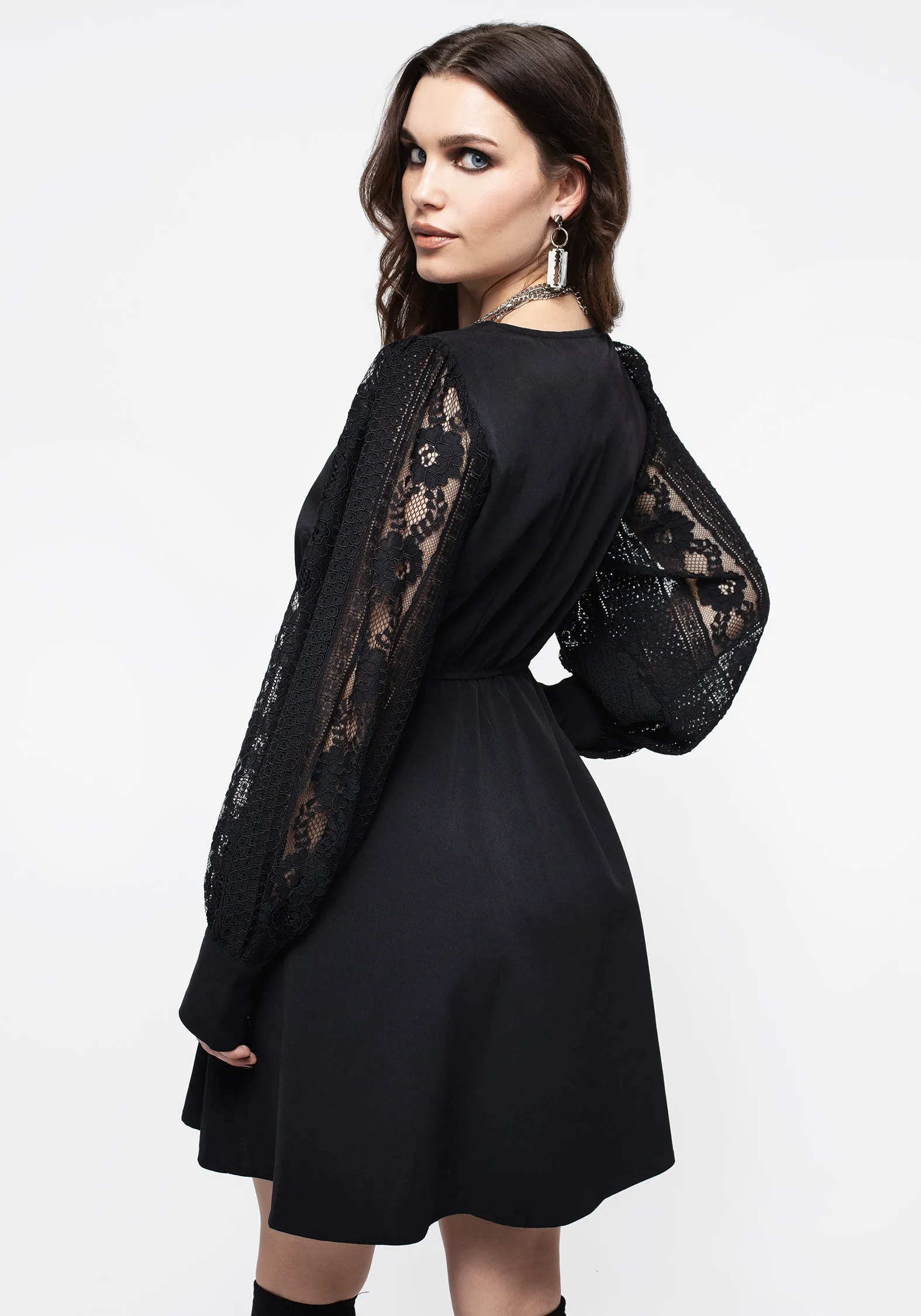 Covenant Lace Sleeve Button Up Mini Dress All-Season Comfort Plus Fit