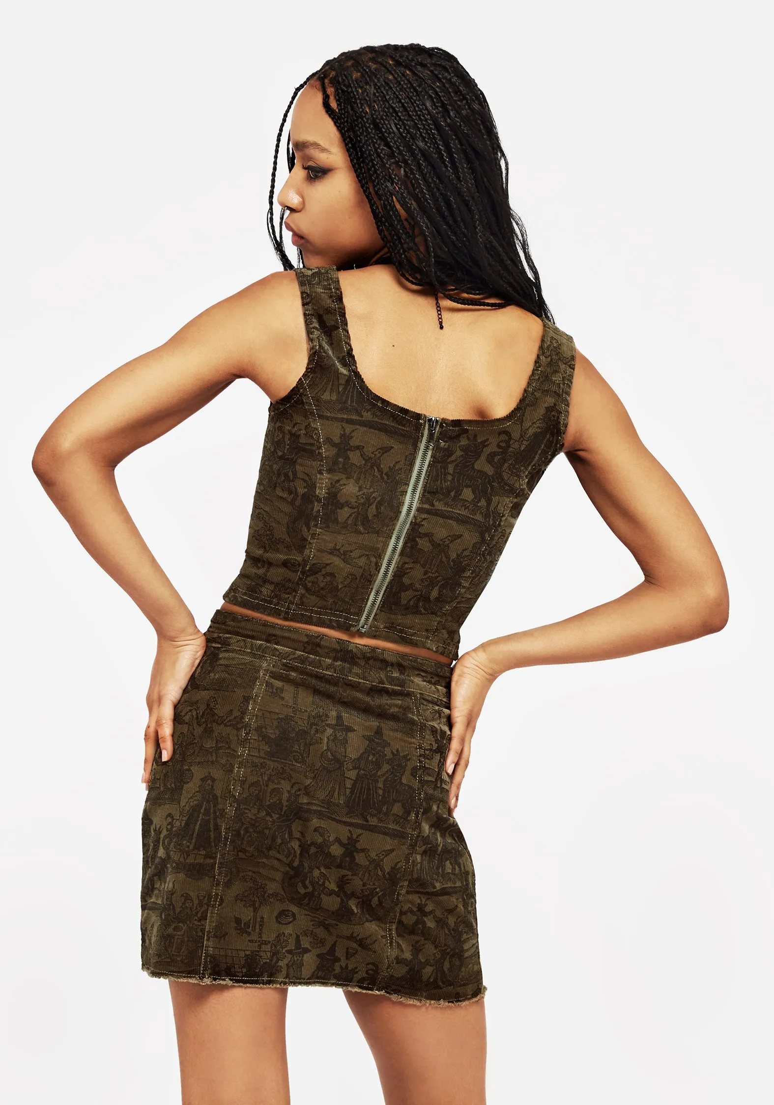 Cool Tone Diabolical Cord Woodcut Print Zip Up Mini Skirt