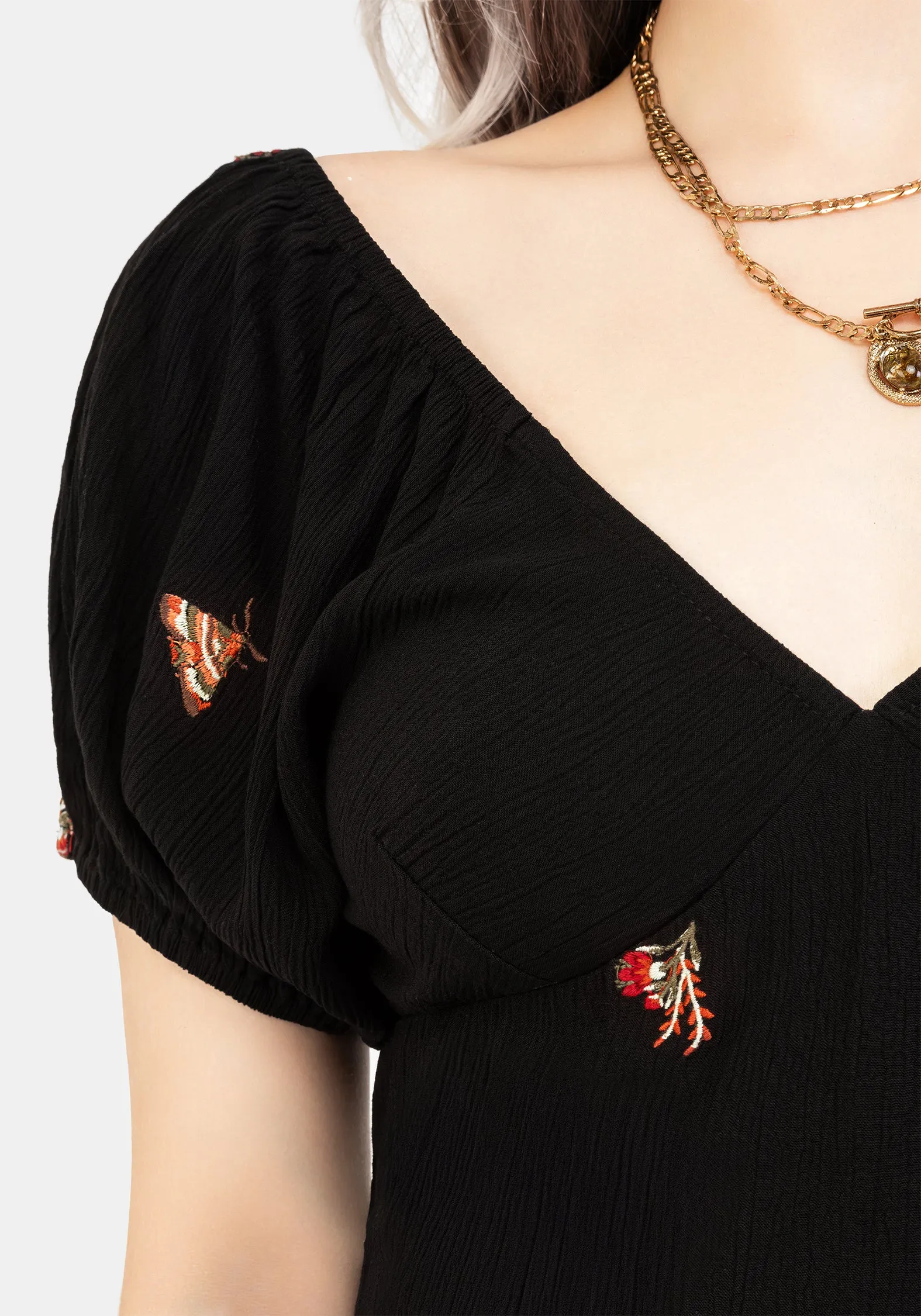 FourWay Stretch Copia Moth Embroidered Cotton Puff Sleeve Top