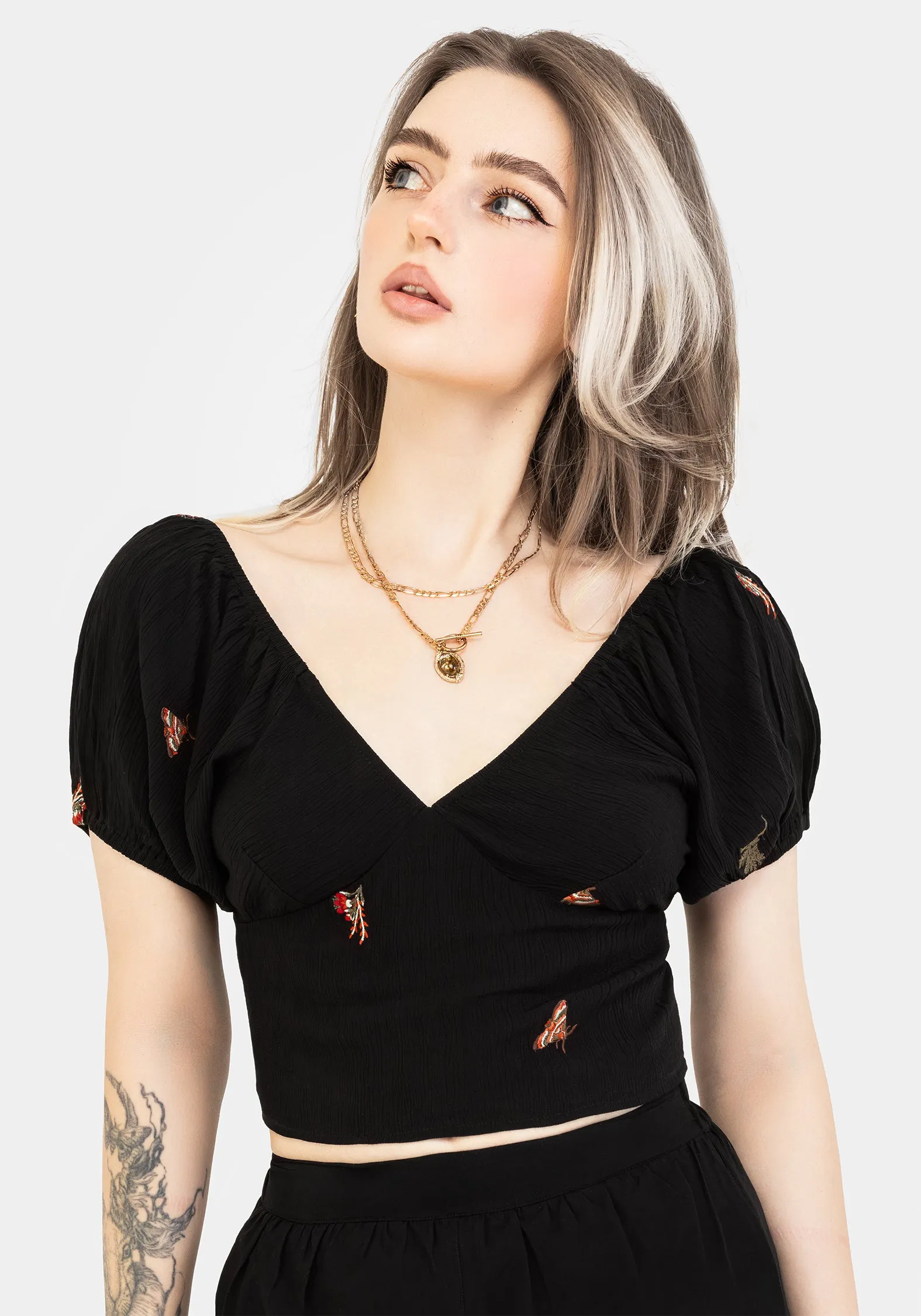 Copia Moth Embroidered Cotton Puff Sleeve Top Elegant Look