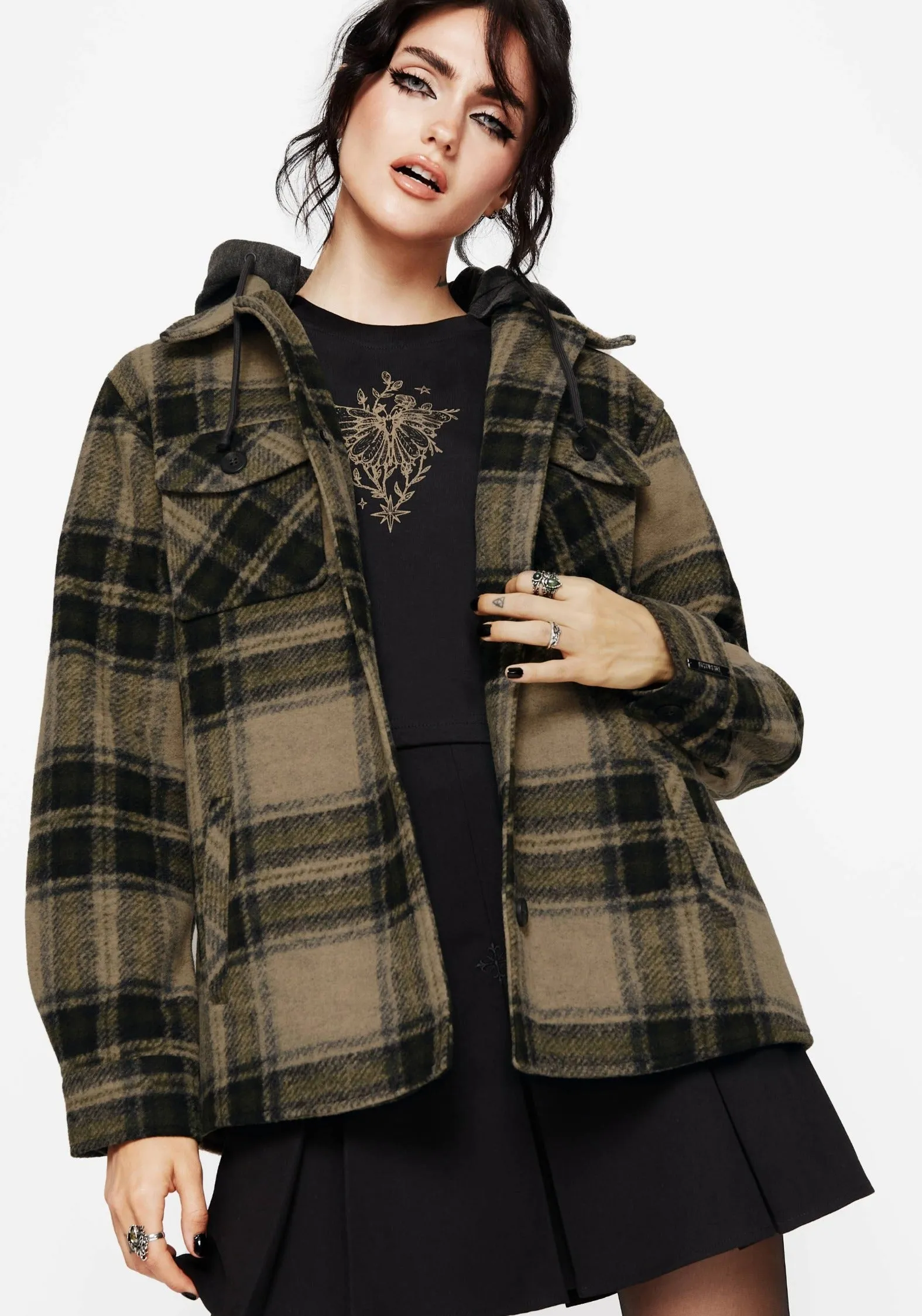 Layered Protection Trellis Hooded Pocket Check Shacket - Green