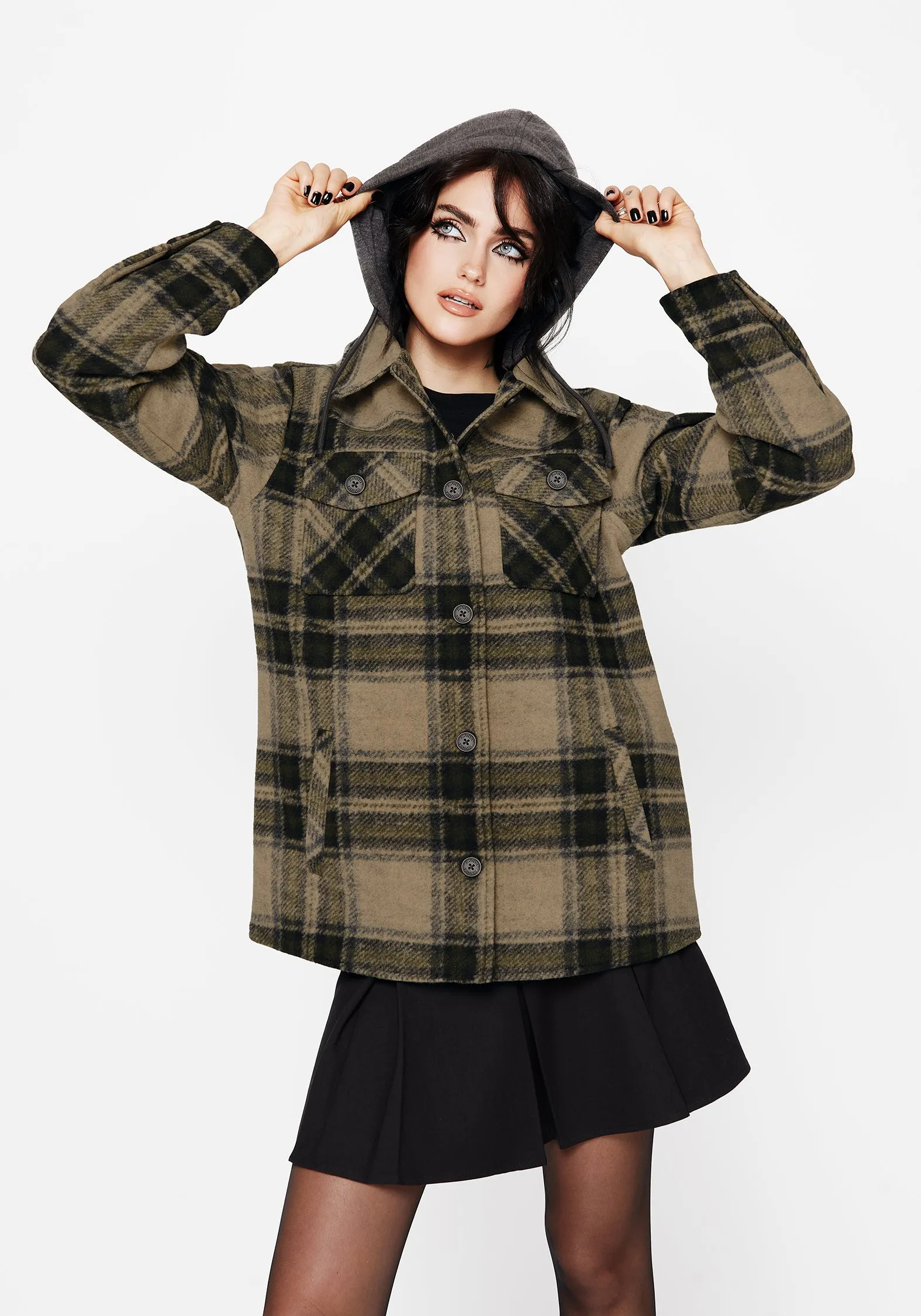 ReinforcedElasticHem Trellis Hooded Pocket Check Shacket - Green