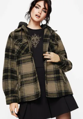 Layered Protection Trellis Hooded Pocket Check Shacket - Green