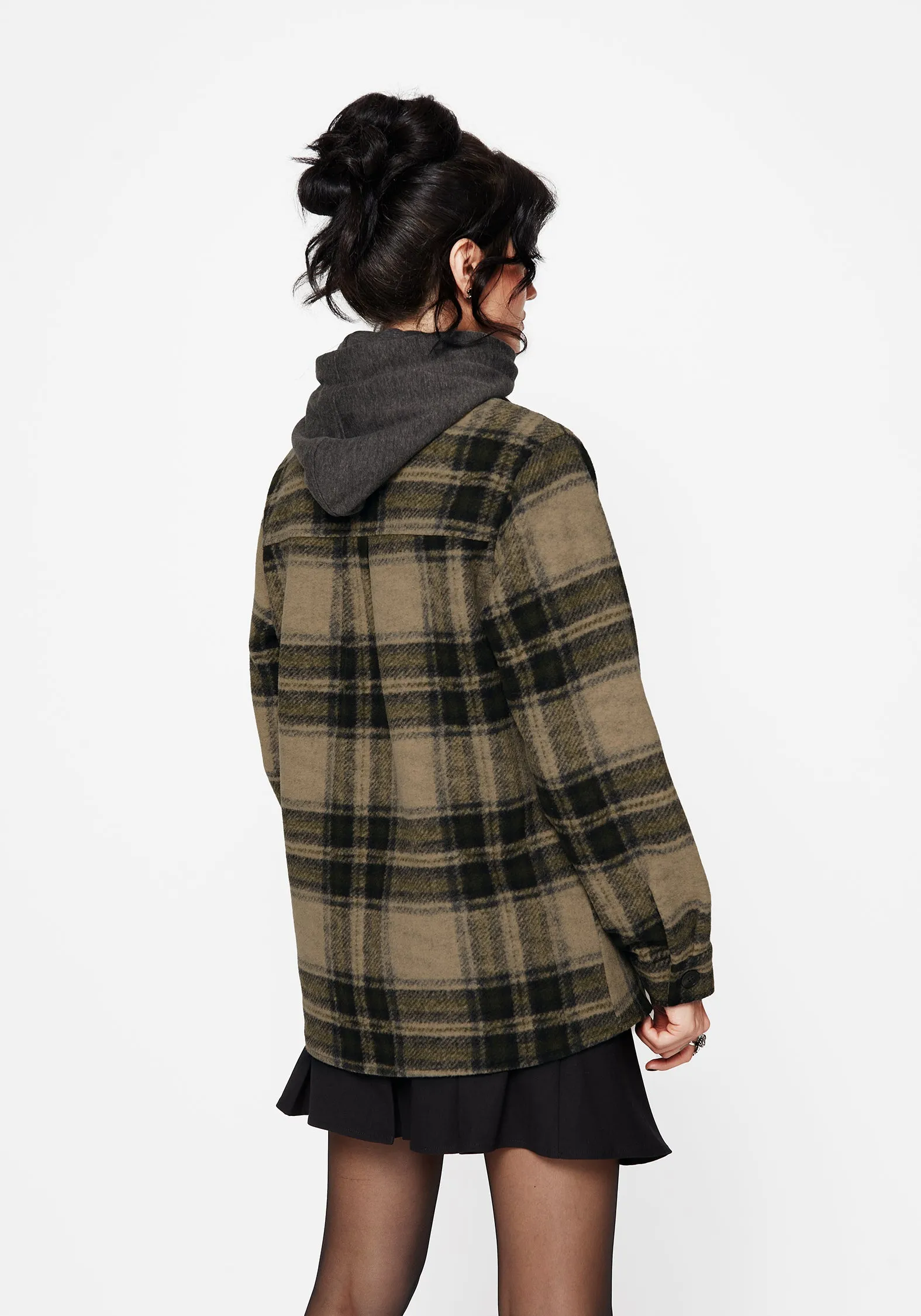Wrinkle Free Material Trellis Hooded Pocket Check Shacket - Green
