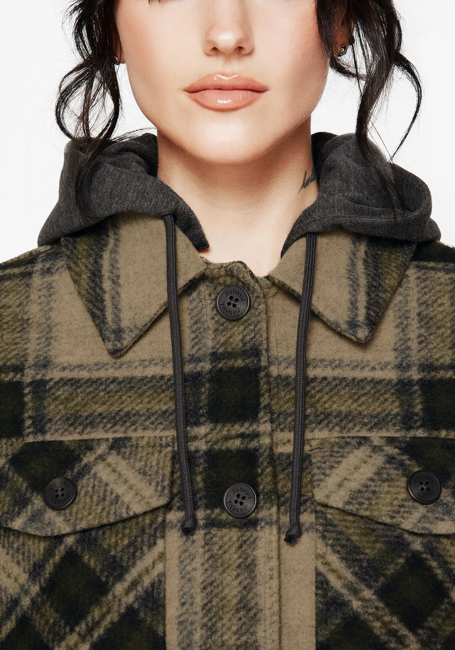 Trellis Hooded Pocket Check Shacket - Green Stretchable Material DurableStitching