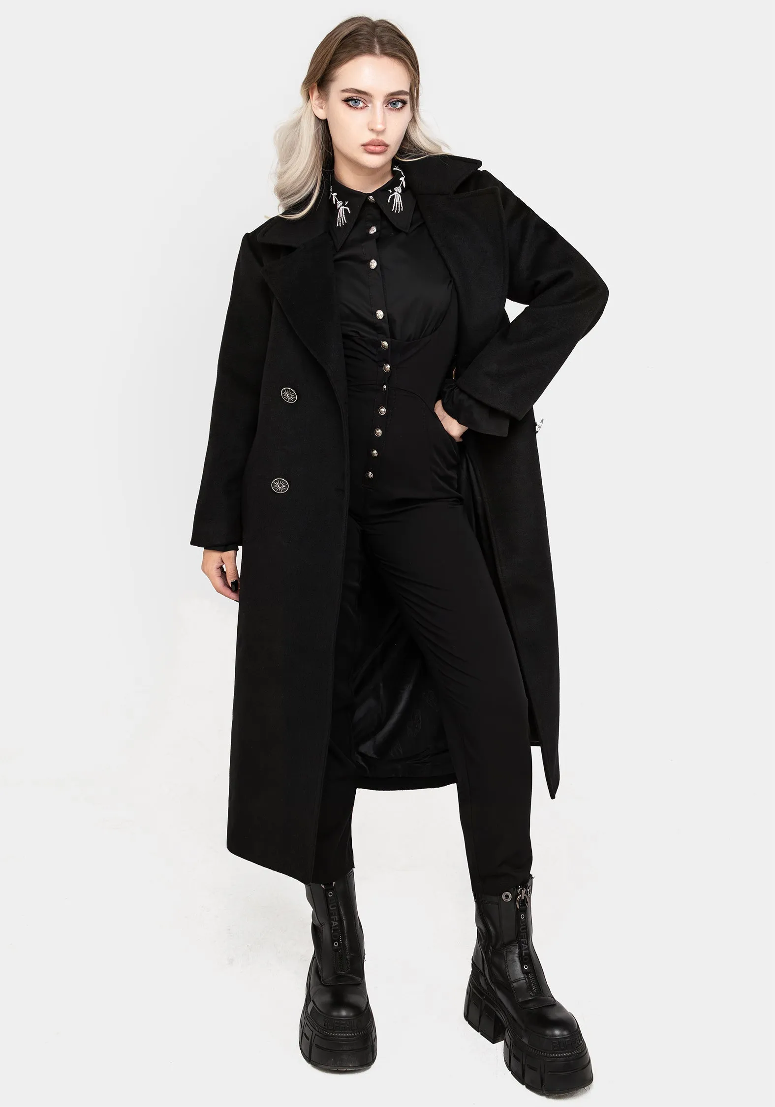 Theia Double Breasted Longline Wool Blend Coat Climate Responsive Textile Softshell Construction