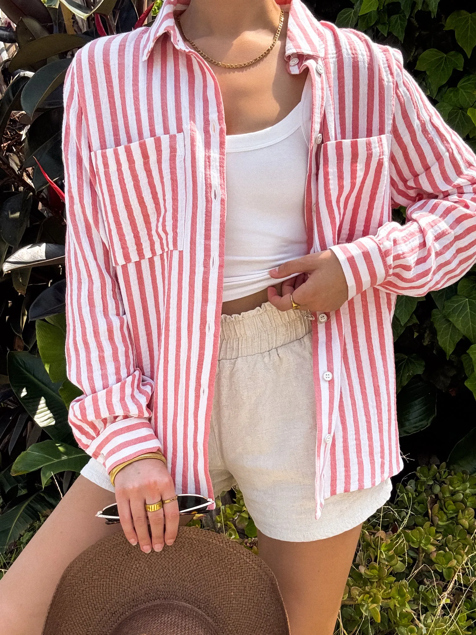 Close Call Stripe Button Down in Coral - Final Sale Organic Cotton Blend