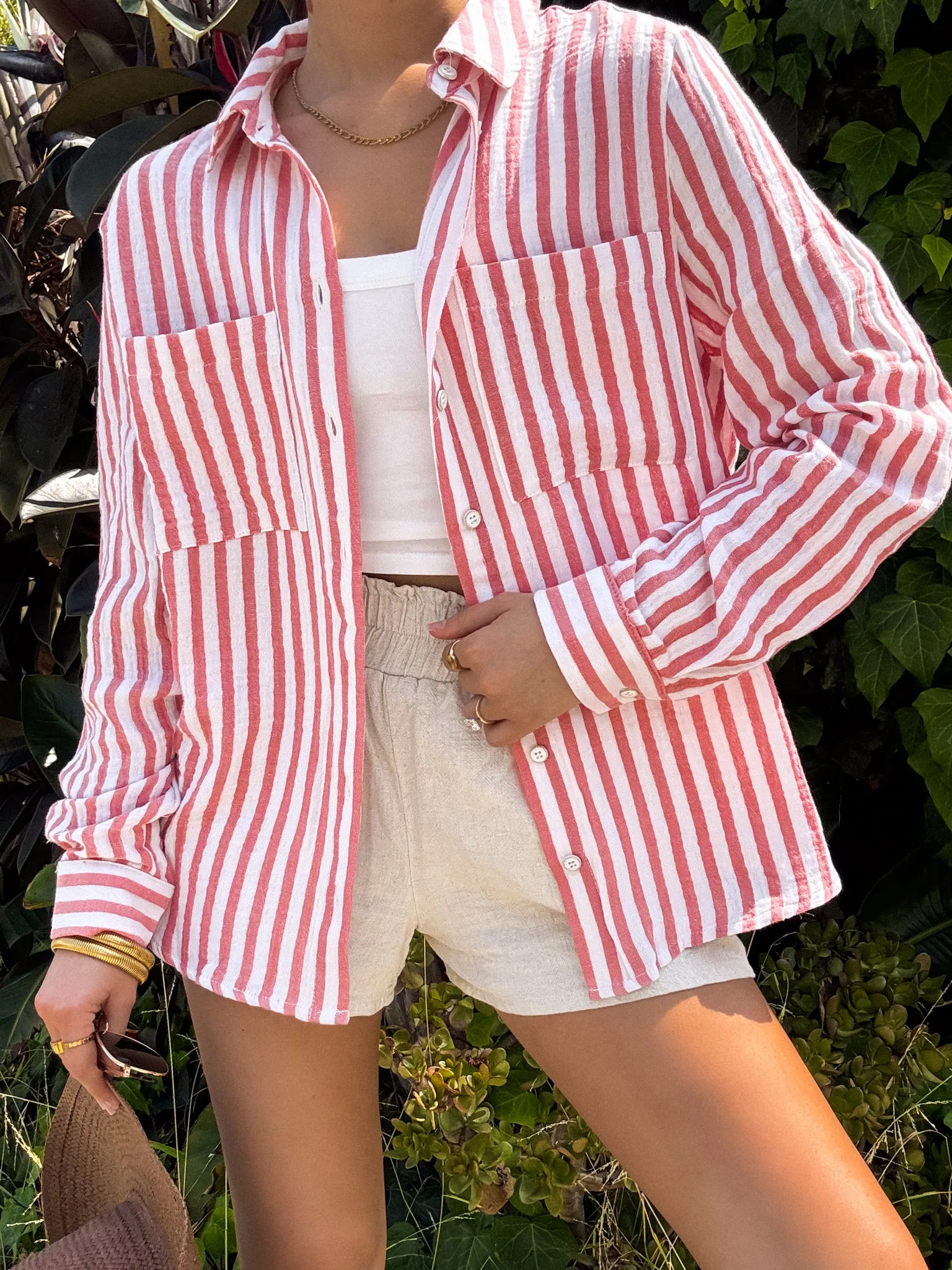 Close Call Stripe Button Down in Coral - Final Sale Off Duty Look