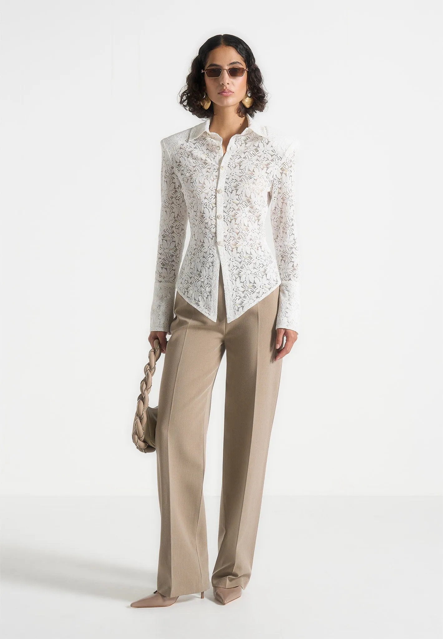 Skin Friendly Lining Sila -  Wide Shoulder Lace Angled Shirt - White