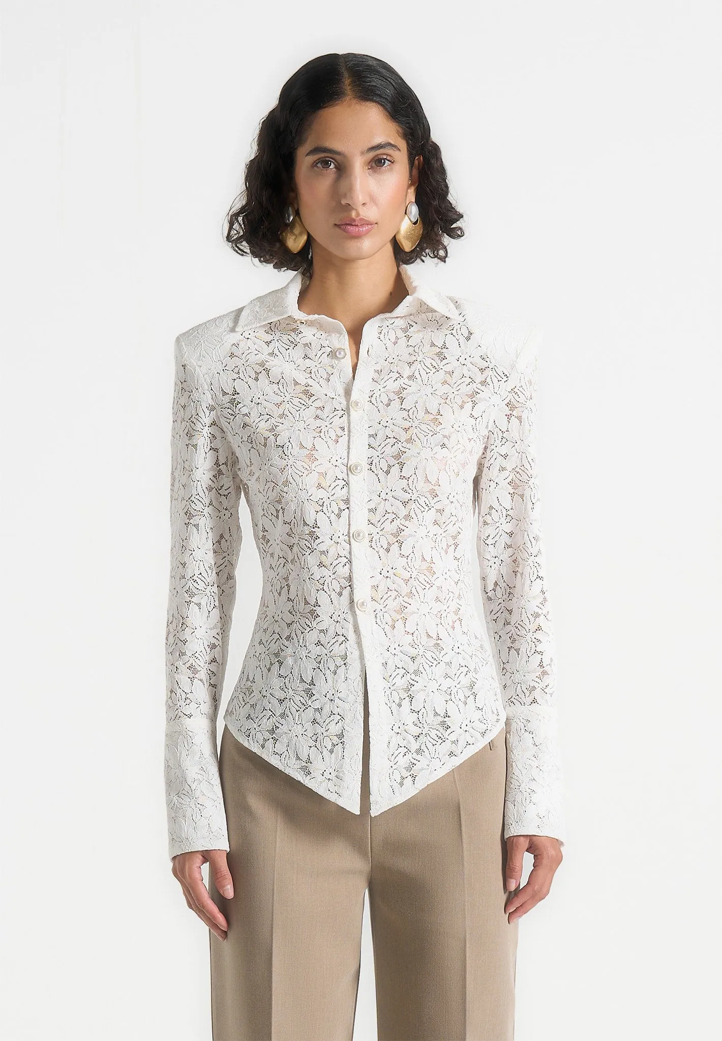 Sila -  Wide Shoulder Lace Angled Shirt - White Collared