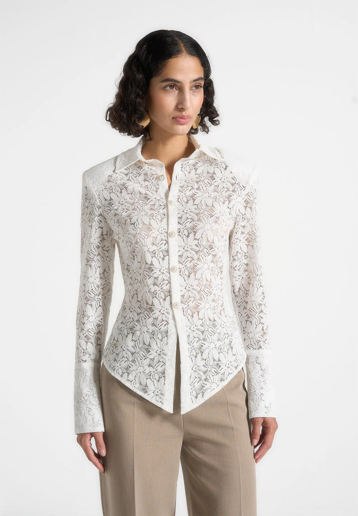 Street Comfort Style Casual Must-Have Sila -  Wide Shoulder Lace Angled Shirt - White