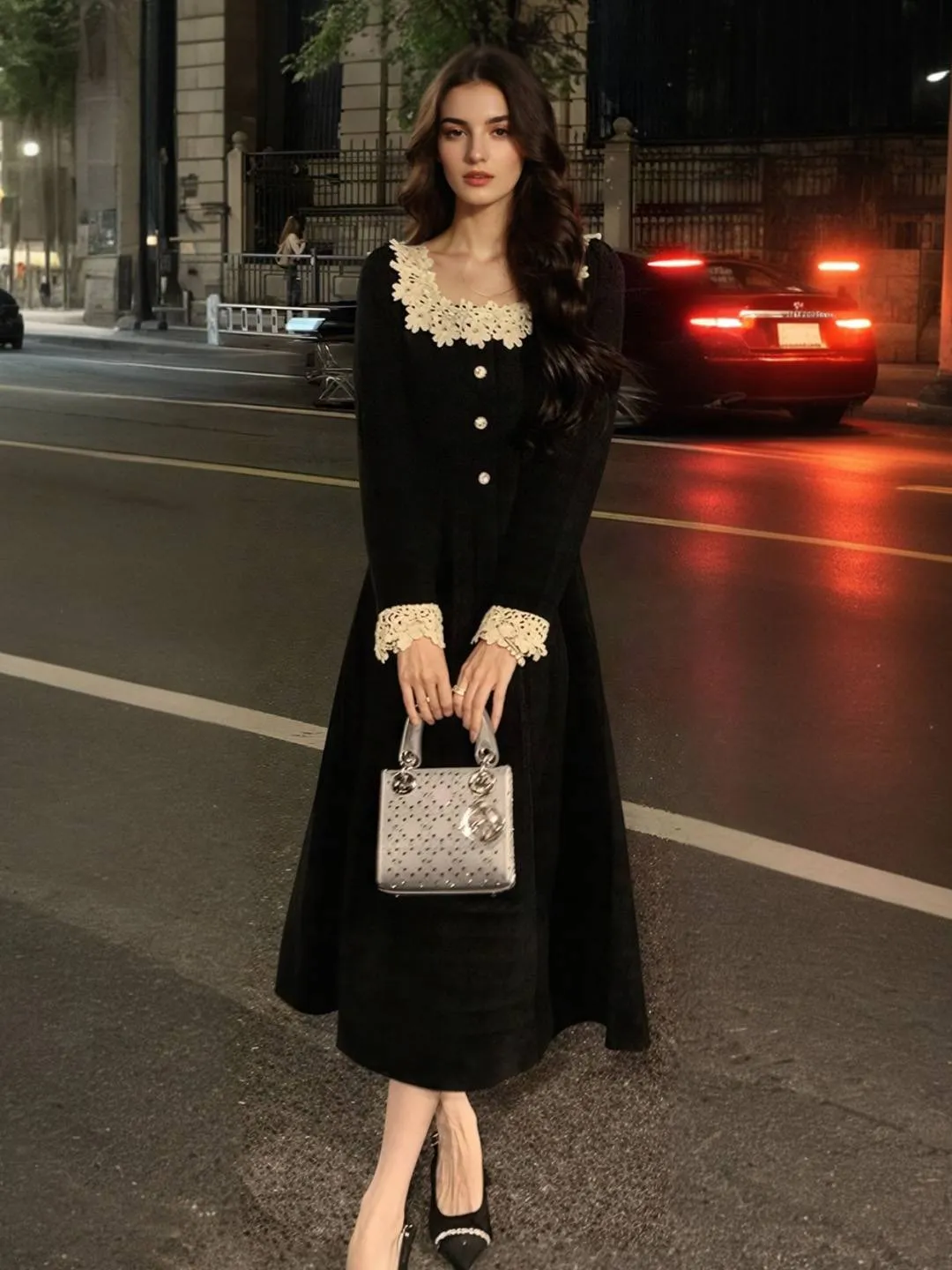 Lorelai Square Neck Lace Dress Straight-Cut Satin Touch