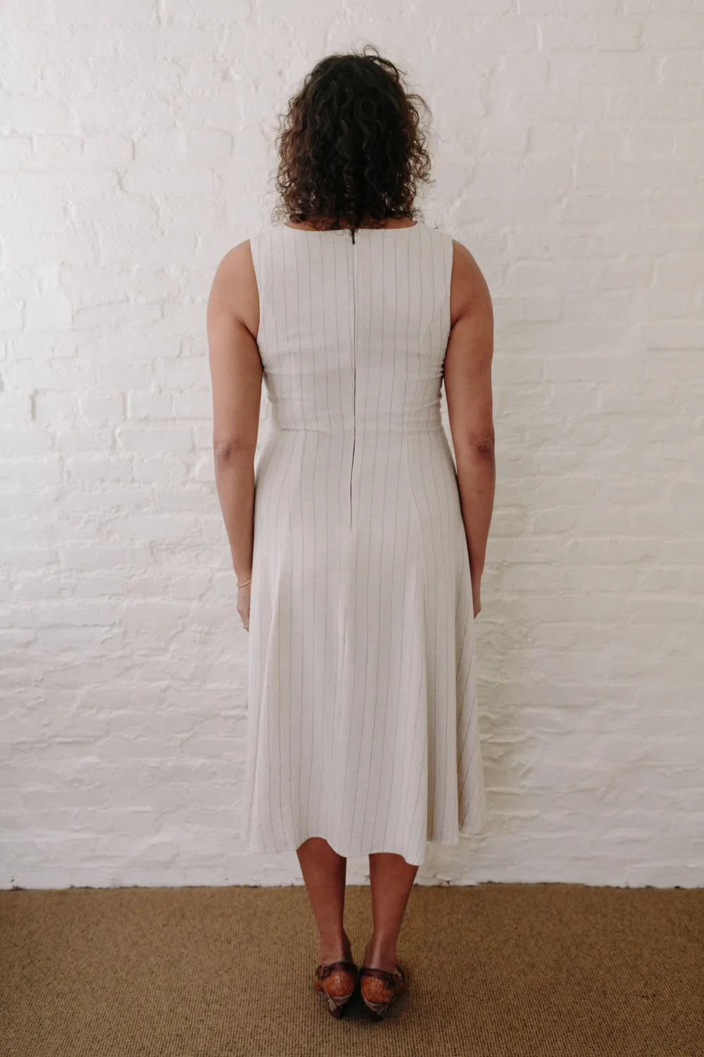 Art Inspired Evening-Wear Lori Dress in Oat Linen Stripe