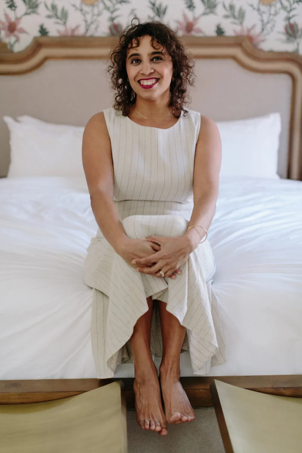 Fitted Edge Lori Dress in Oat Linen Stripe