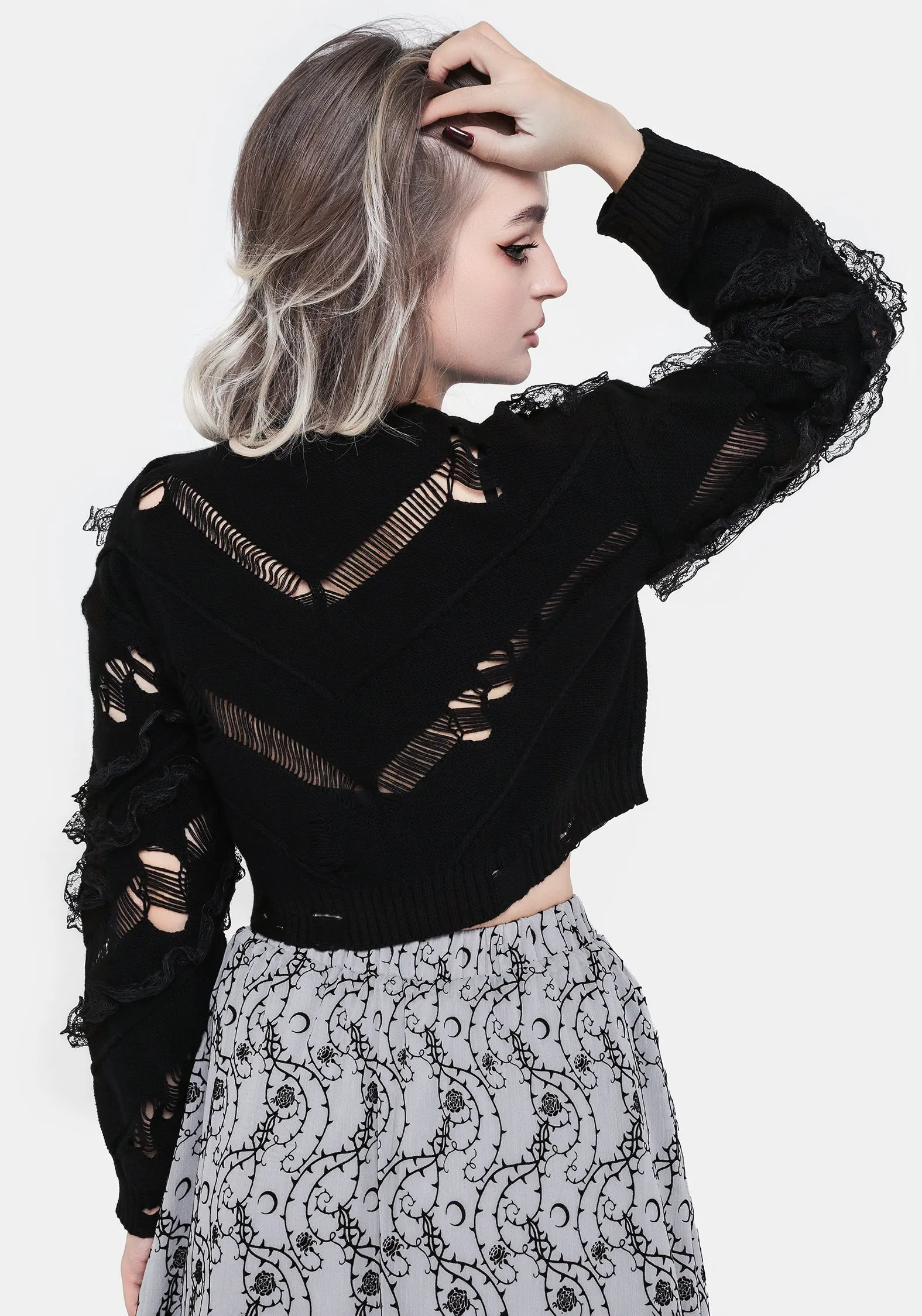 Volla Lace Ruffle Distressed Knit Crop Jumper Bonded Seam Innovation