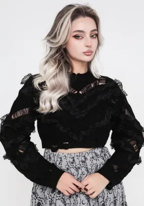 LightweightWeave Pocket Reinforcement Volla Lace Ruffle Distressed Knit Crop Jumper