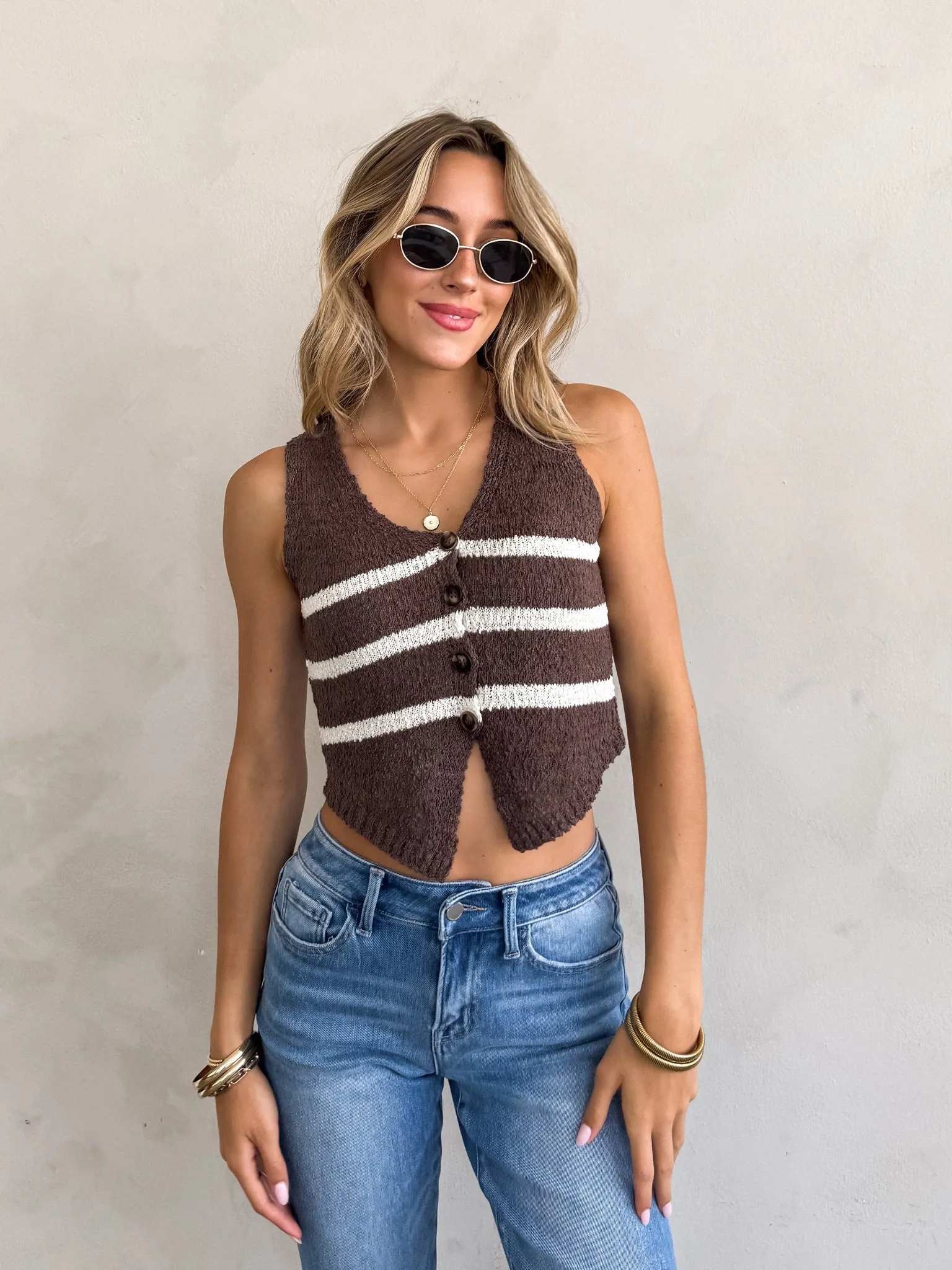 Simple Silhouette Ribbed Collar Design Josie Stripe Knit Vest in Brown - Final Sale