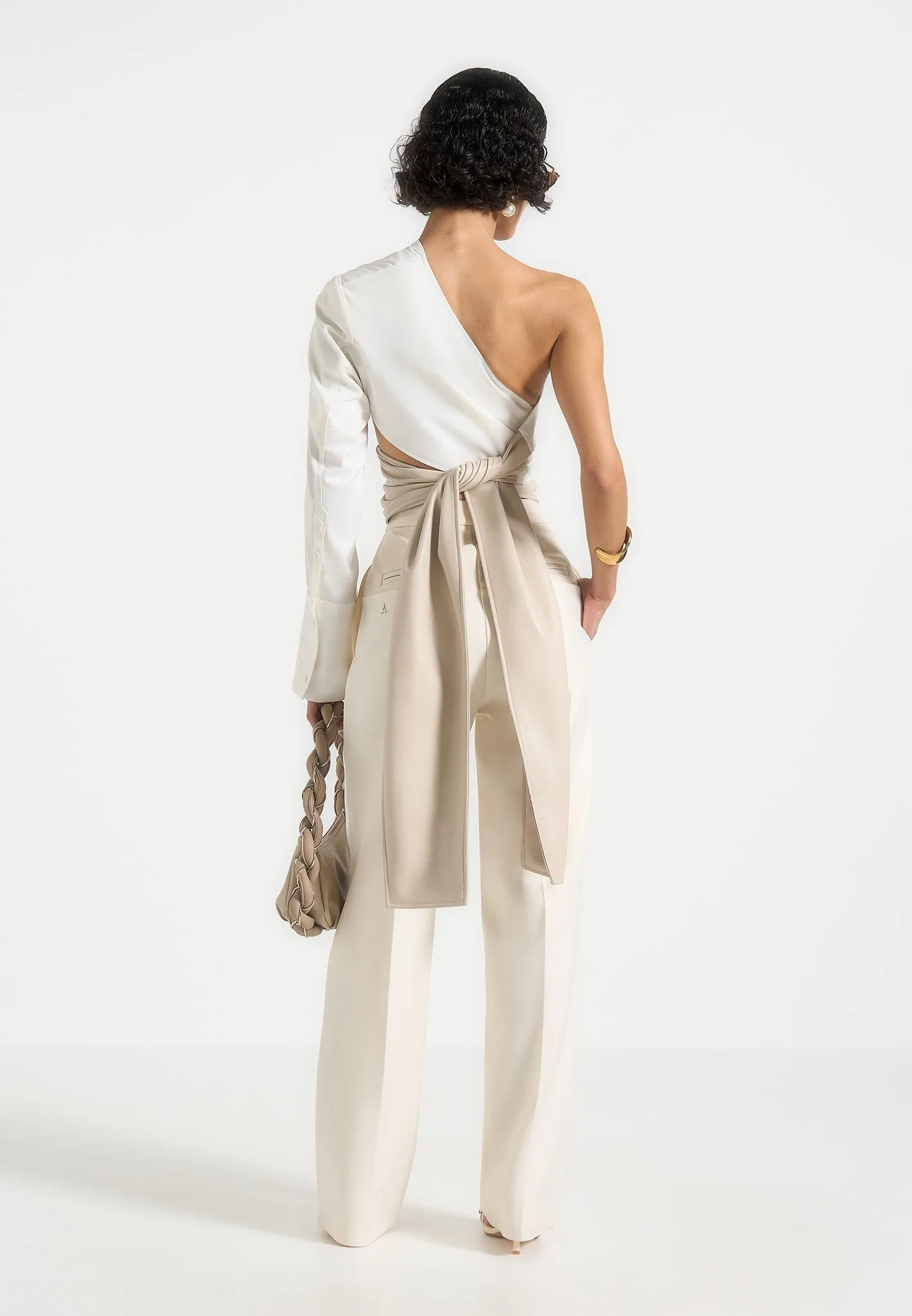 Minimalist Comfort Coralie - One Sleeve Leather Wrap Top - White