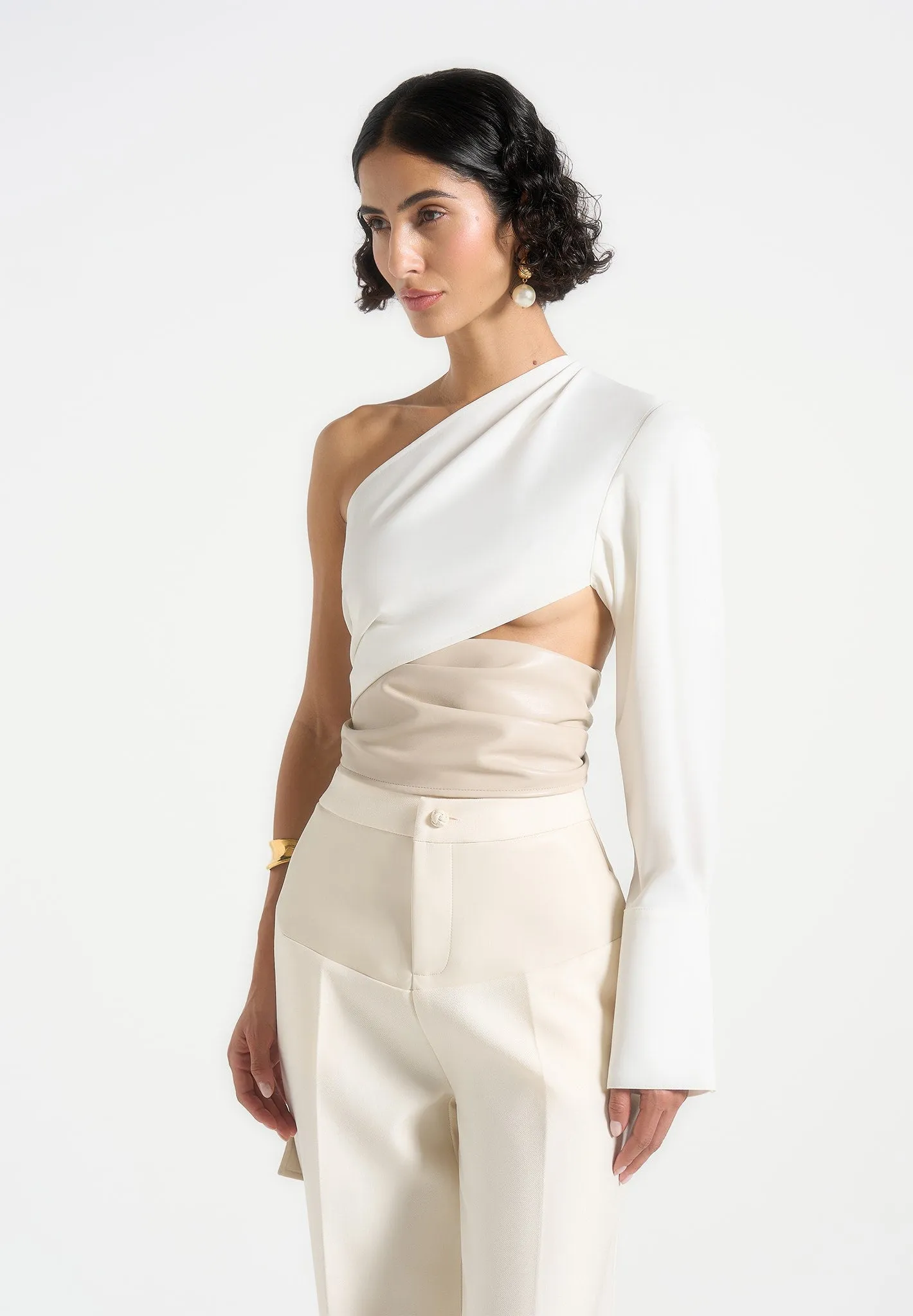 Coralie - One Sleeve Leather Wrap Top - White perfect for all-day wear Trendy Comfort Fit