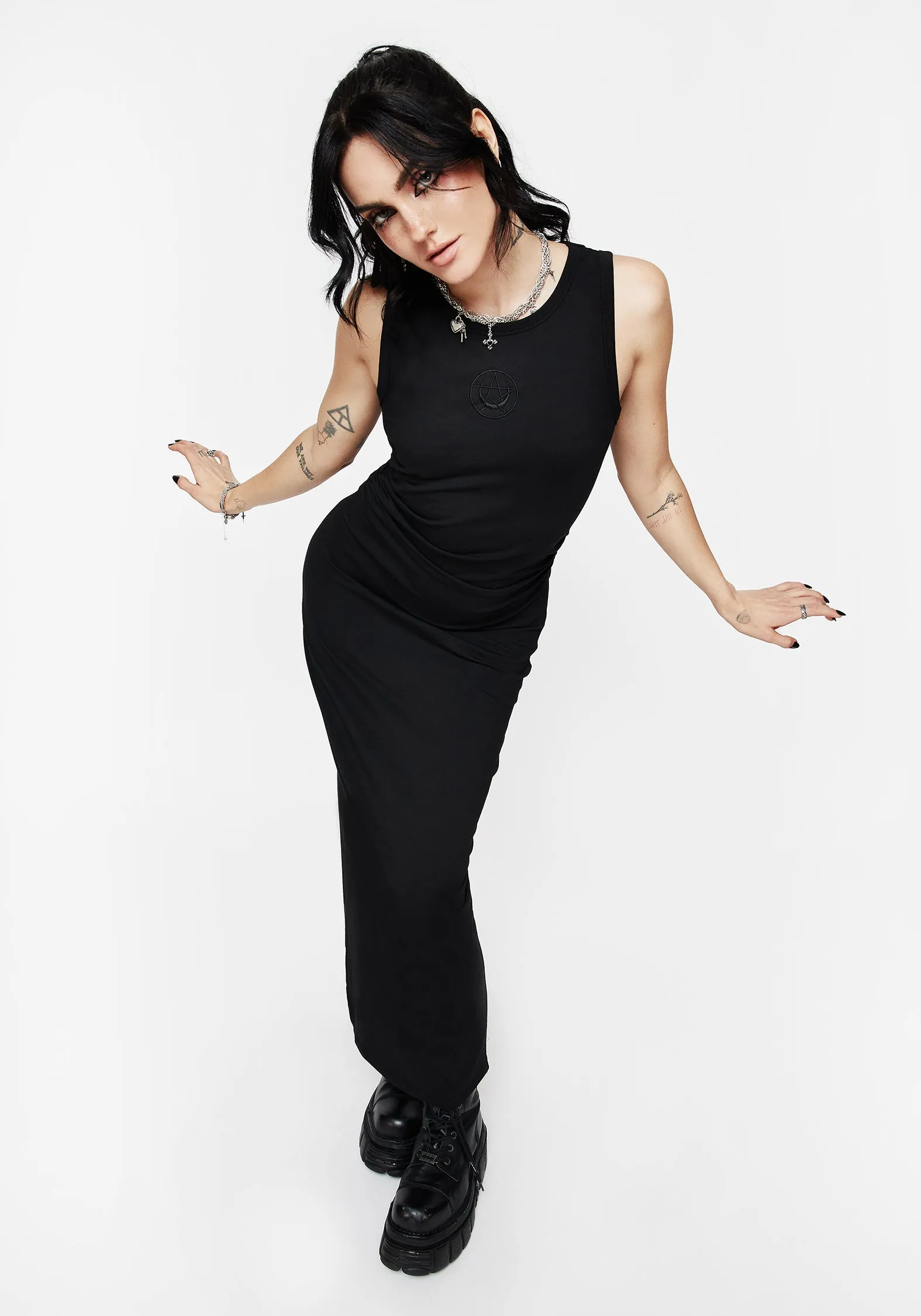 Light Aesthetic Fright Cotton Pentagram Embroidered Maxi Dress