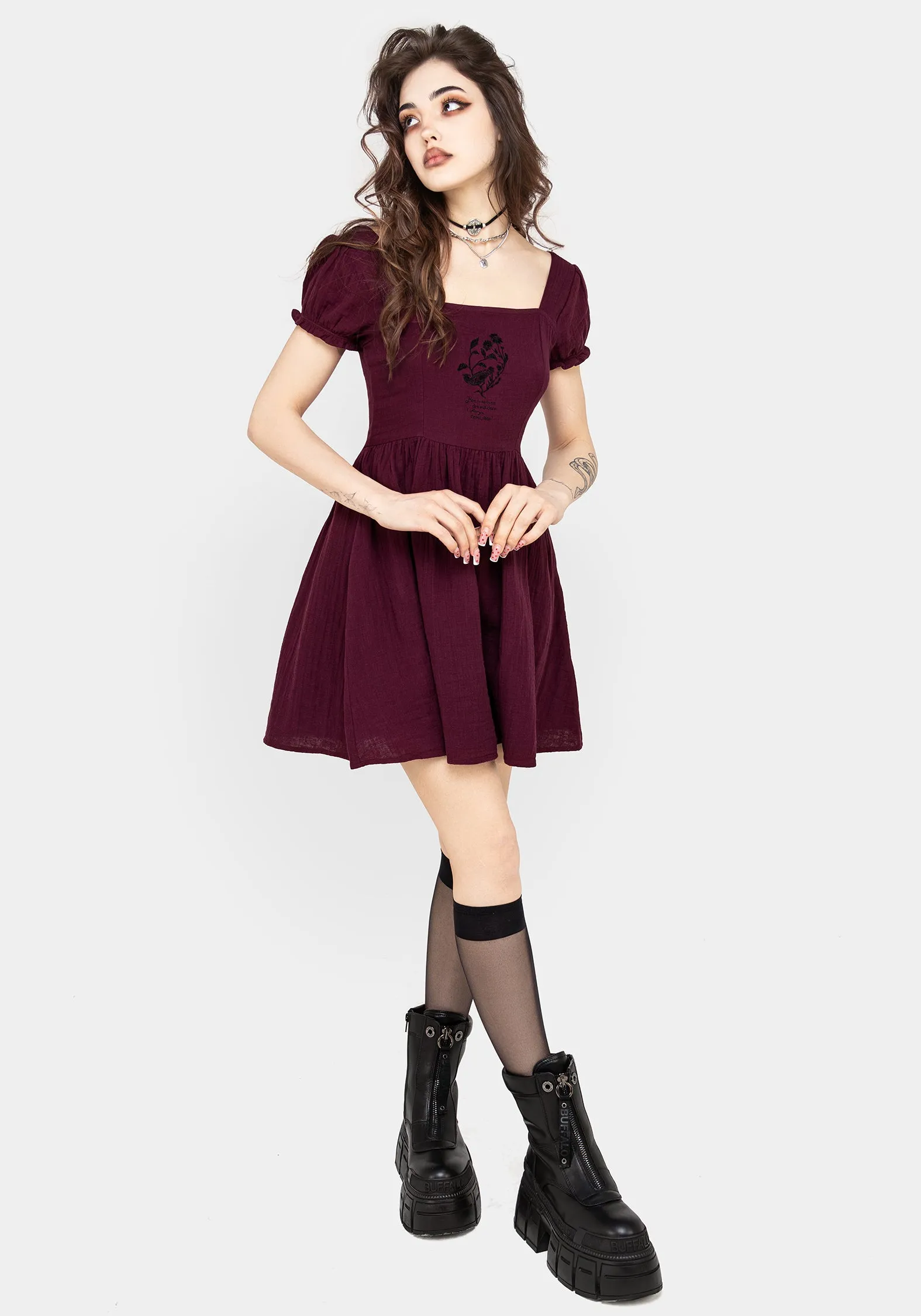 Square-Neck Frances Embroidered Cotton Mini Dress