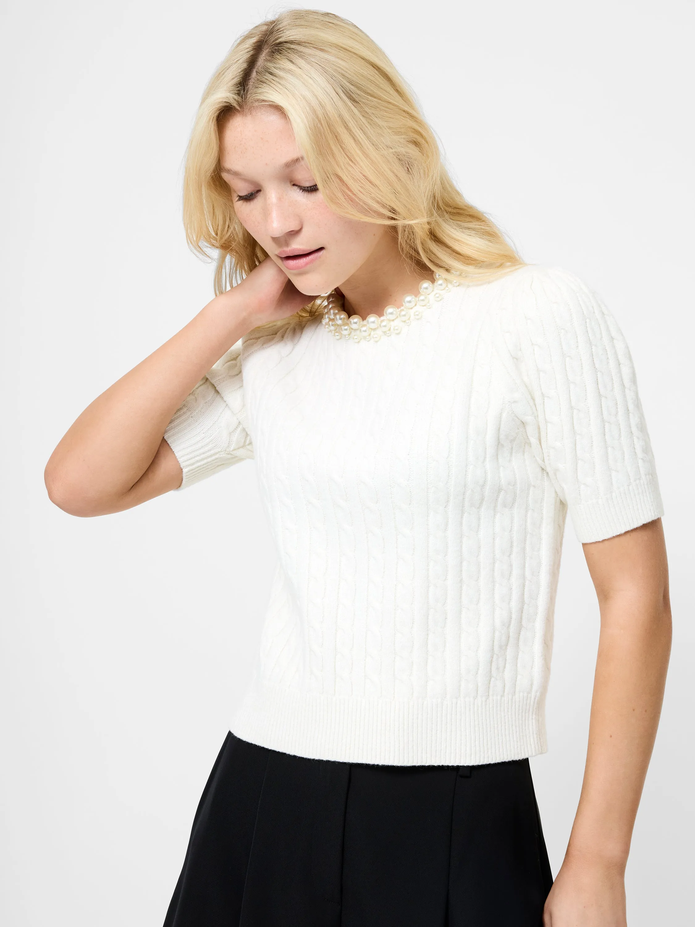 Embellished Neck Short Sleeve Sweater Compact Style